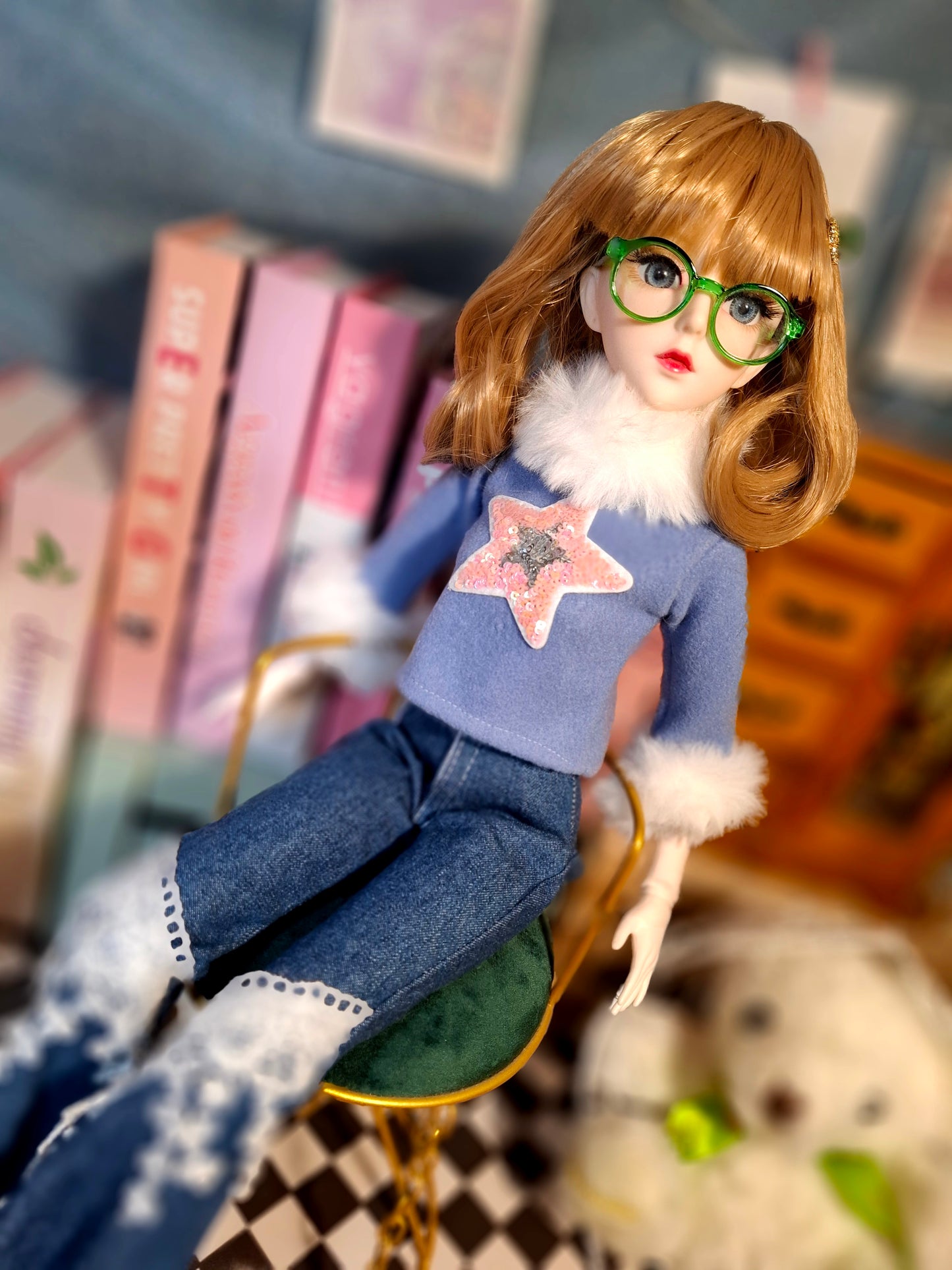 Nostalgic Golden Blonde Girl in Flared Blue Jeans with Vintage Glasses 1/3 60cm BJD Doll