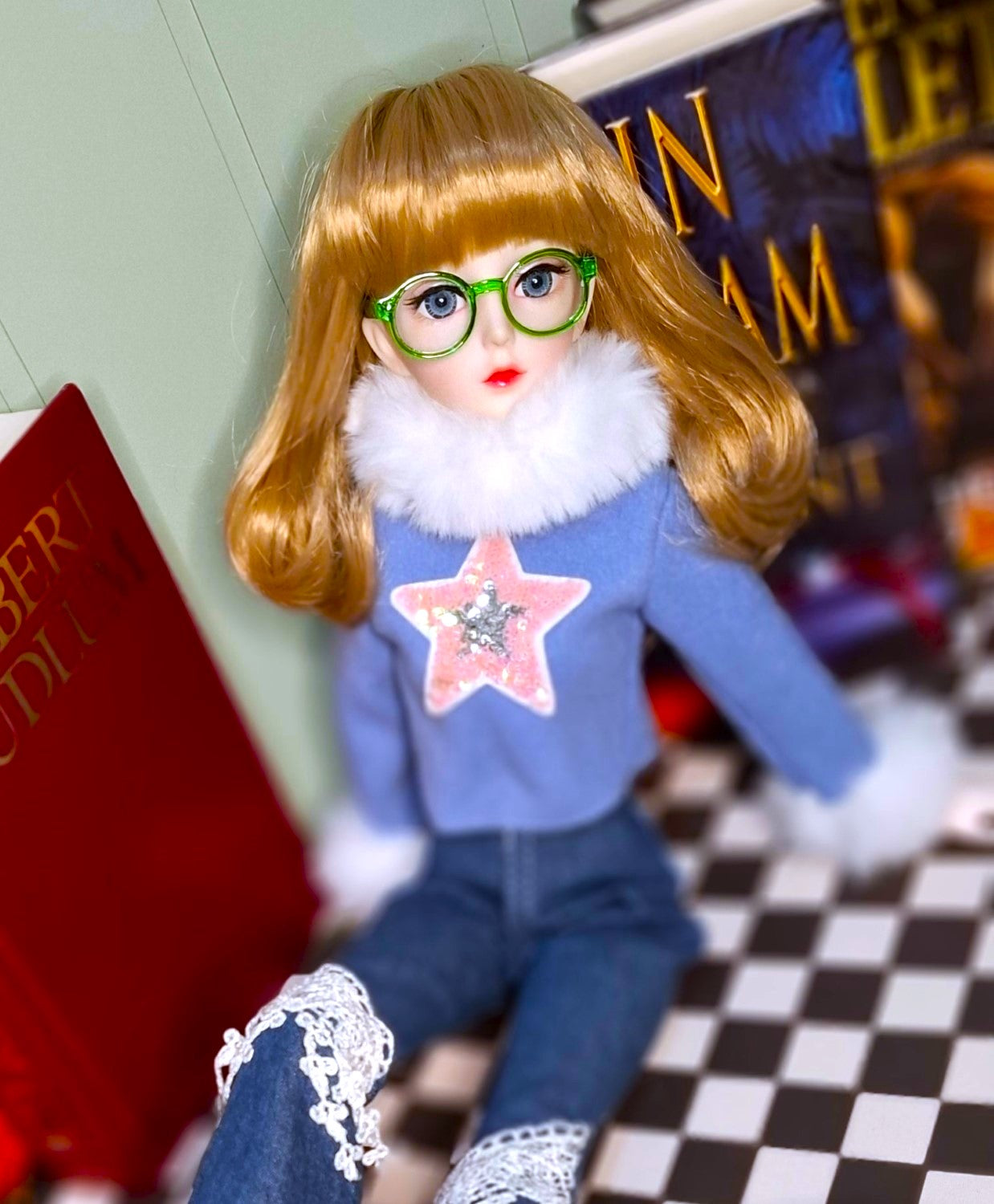 Nostalgic Golden Blonde Girl in Flared Blue Jeans with Vintage Glasses 1/3 60cm BJD Doll