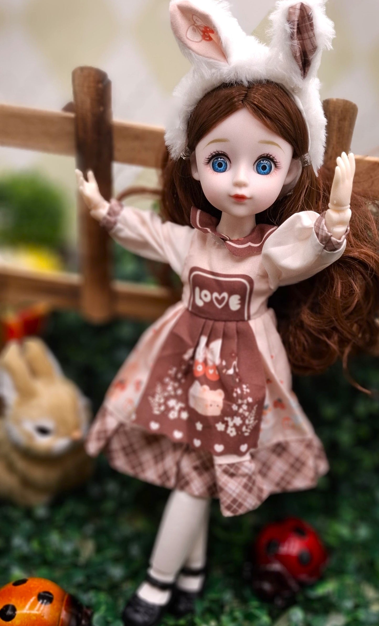 Brunette cottage girl with bunny's ears 30cm BJD Doll