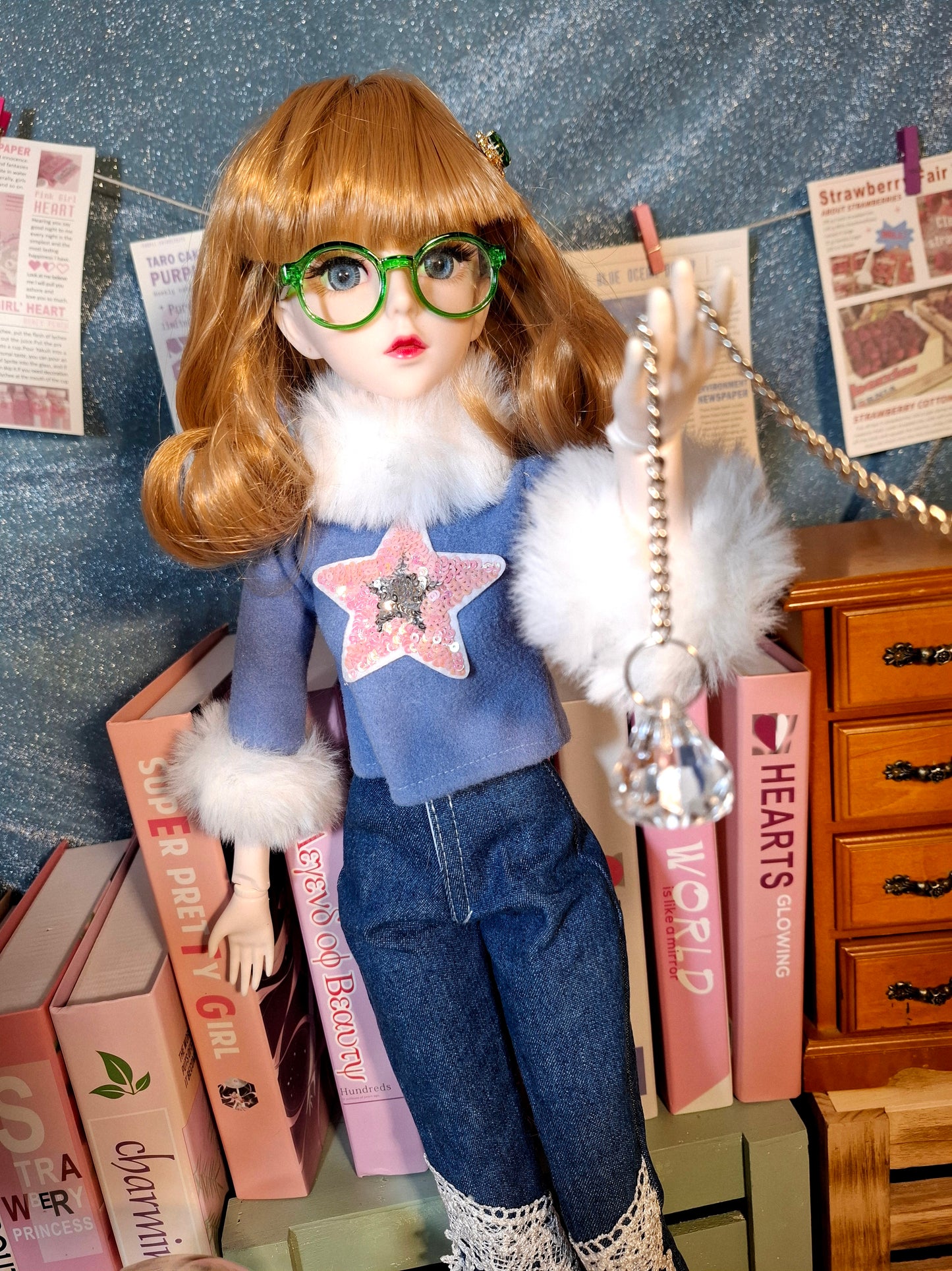Nostalgic Golden Blonde Girl in Flared Blue Jeans with Vintage Glasses 1/3 60cm BJD Doll