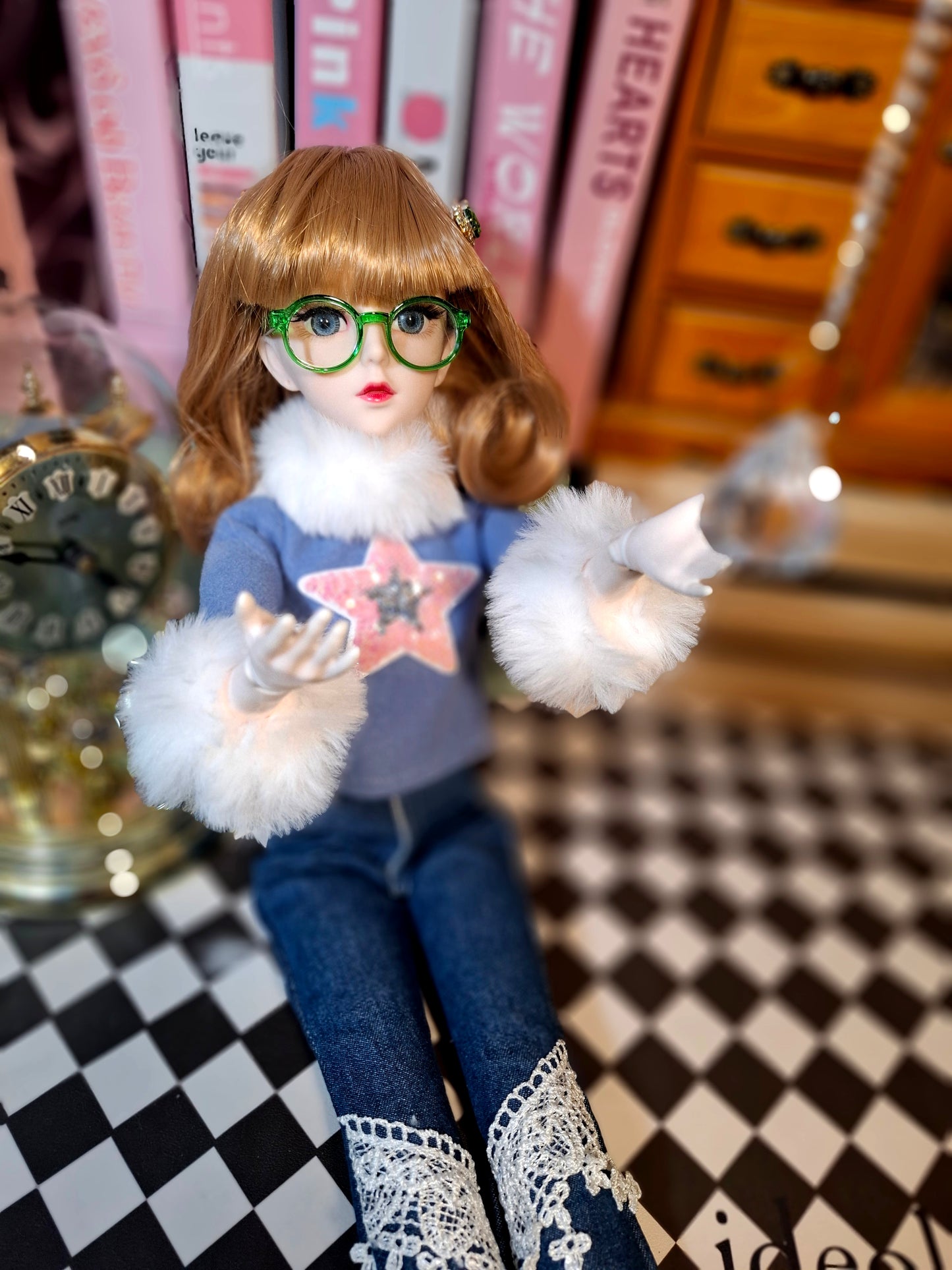 Nostalgic Golden Blonde Girl in Flared Blue Jeans with Vintage Glasses 1/3 60cm BJD Doll