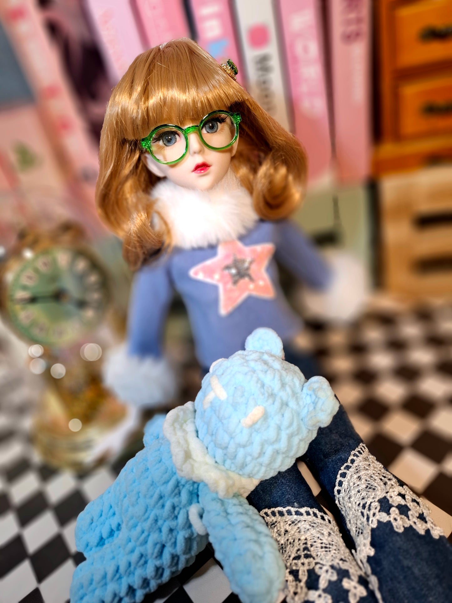 Nostalgic Golden Blonde Girl in Flared Blue Jeans with Vintage Glasses 1/3 60cm BJD Doll