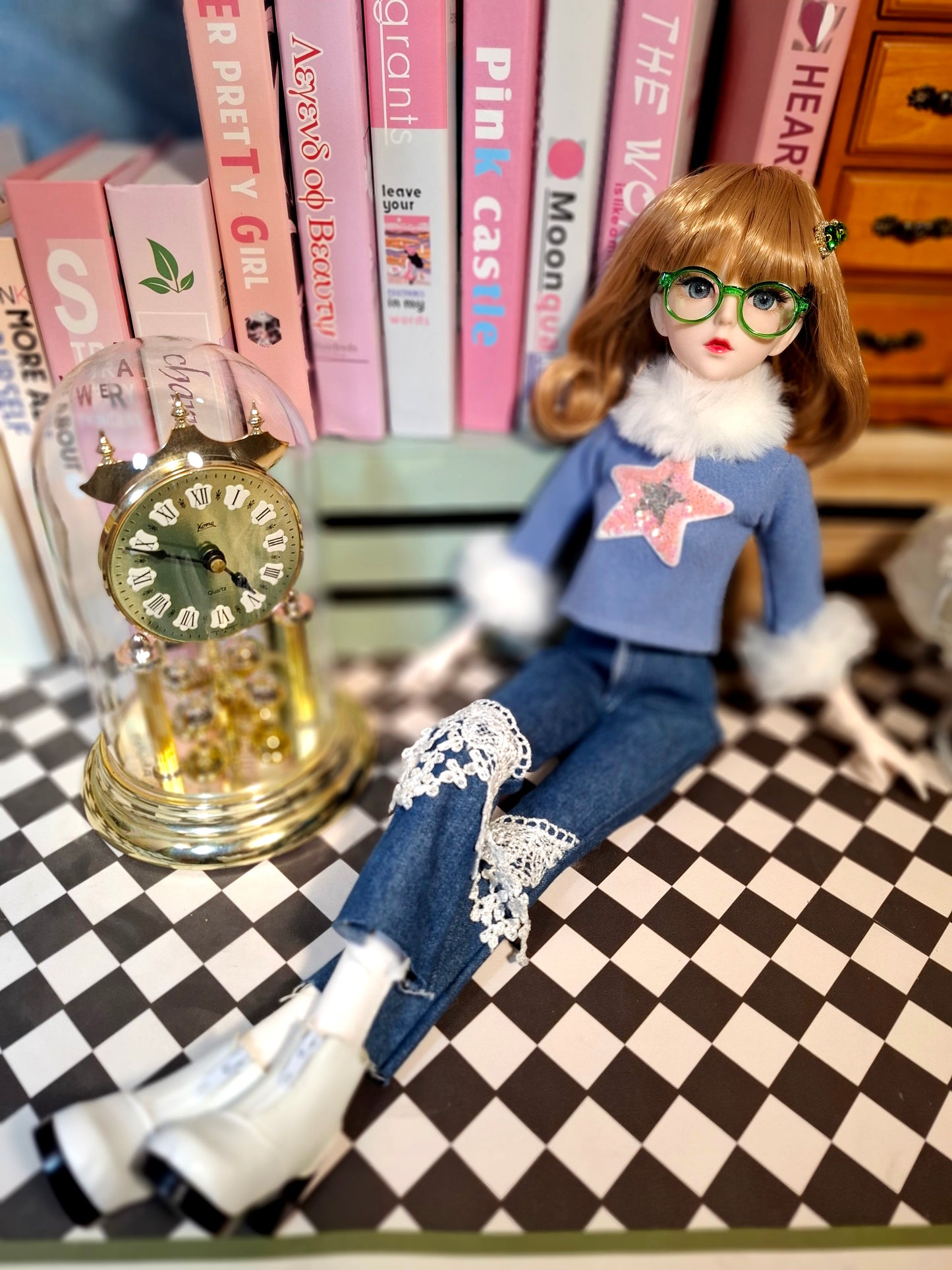Nostalgic Golden Blonde Girl in Flared Blue Jeans with Vintage Glasses 1/3 60cm BJD Doll