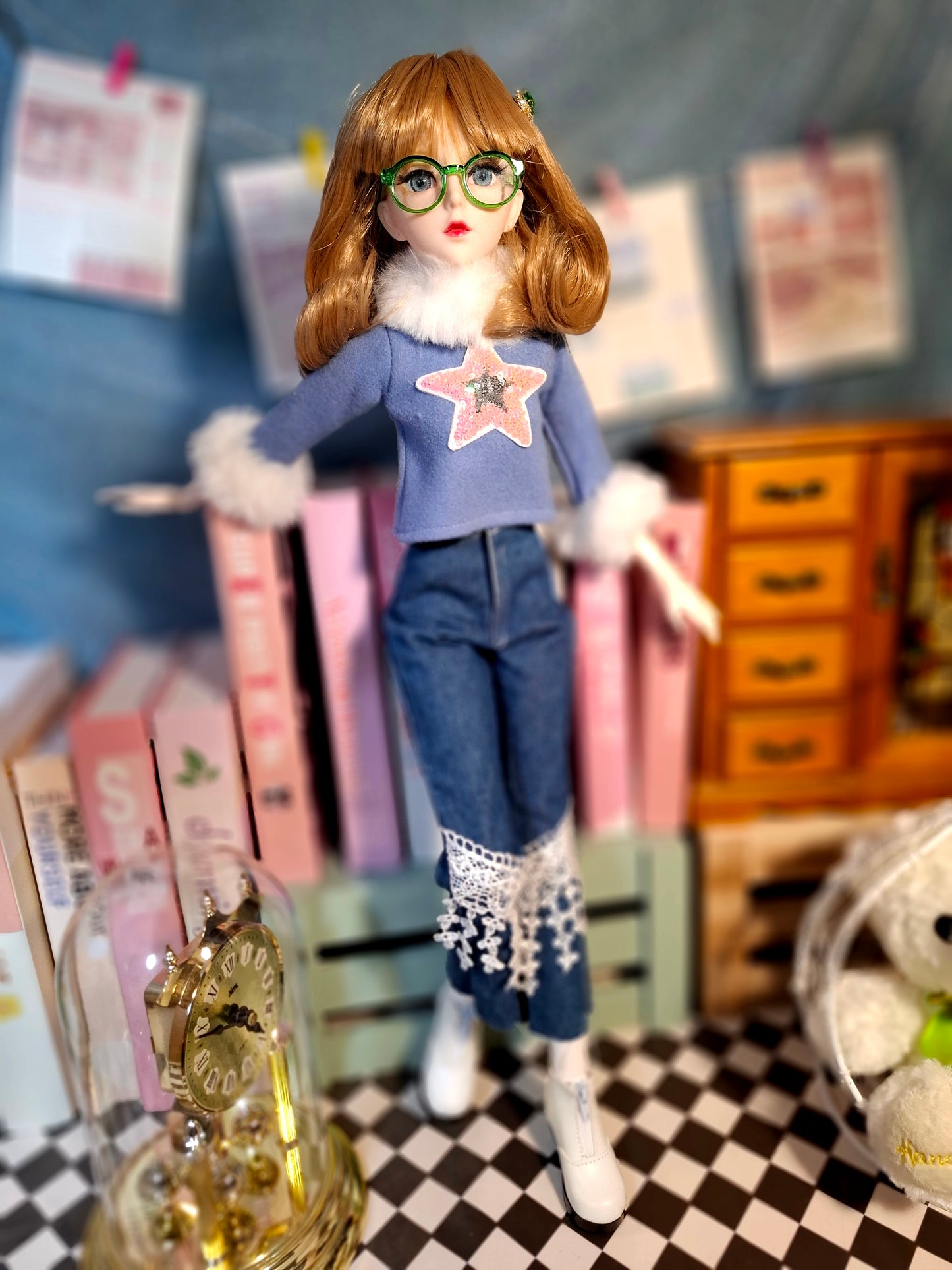 Nostalgic Golden Blonde Girl in Flared Blue Jeans with Vintage Glasses 1/3 60cm BJD Doll