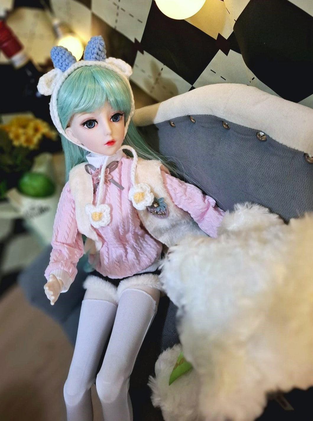 Mint Hair Girl in Pink Cardigan Top Jeans Shorts 1/3 60cm BJD Doll