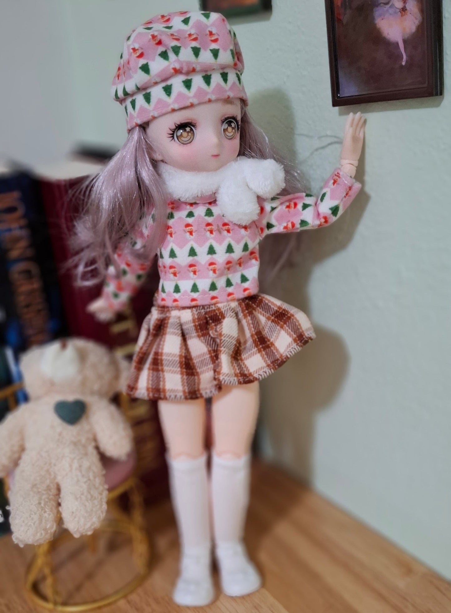 Anime Manga Eyes Doll with Pink Beret Hat 30cm BJD Doll