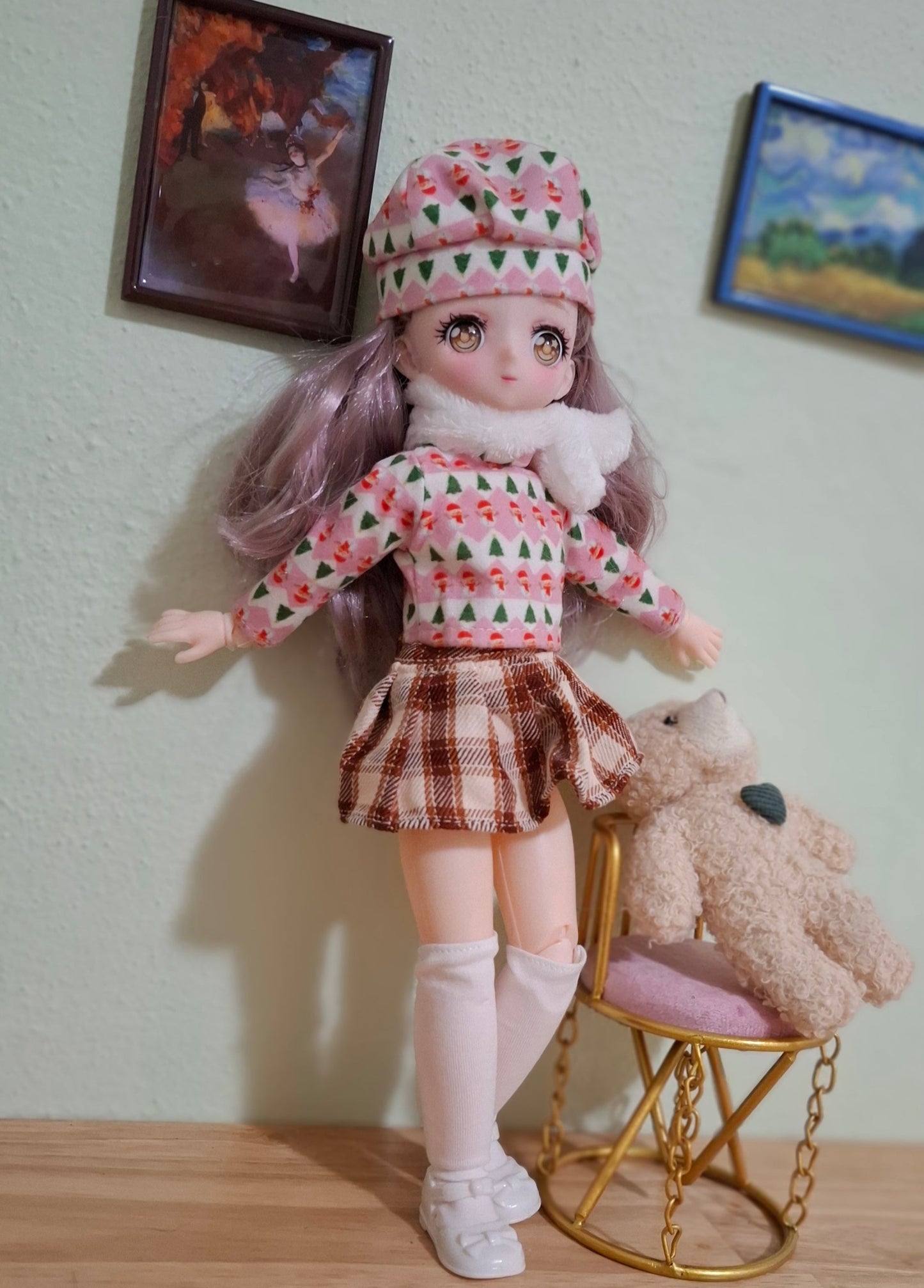 Anime Manga Eyes Doll with Pink Beret Hat 30cm BJD Doll