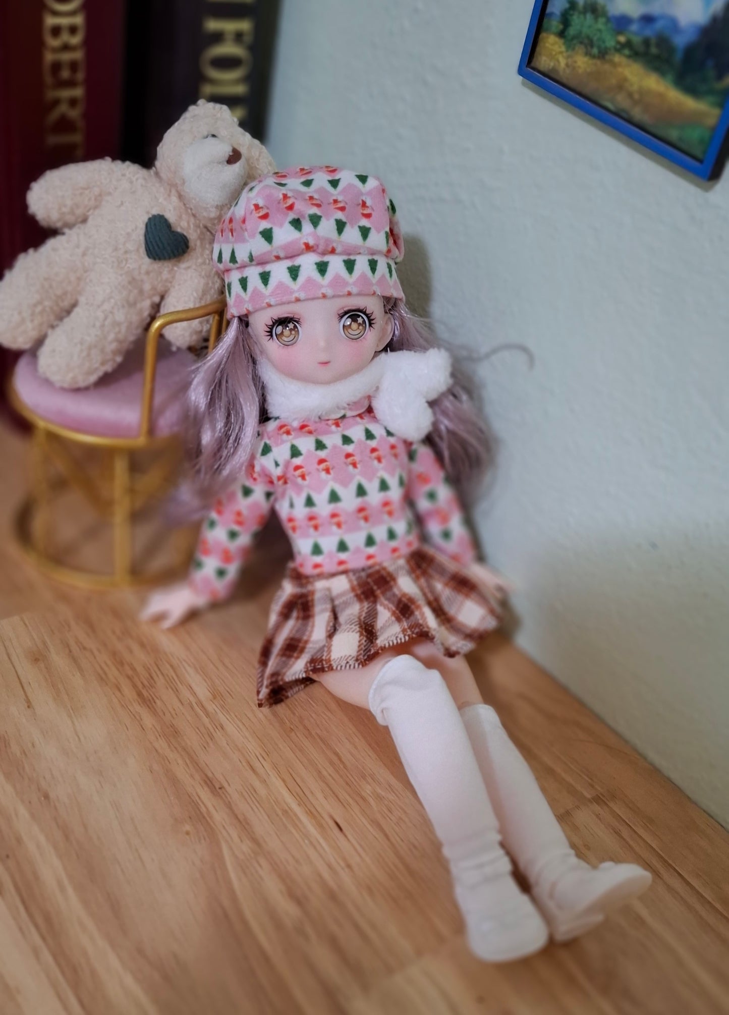 Anime Manga Eyes Doll with Pink Beret Hat 30cm BJD Doll