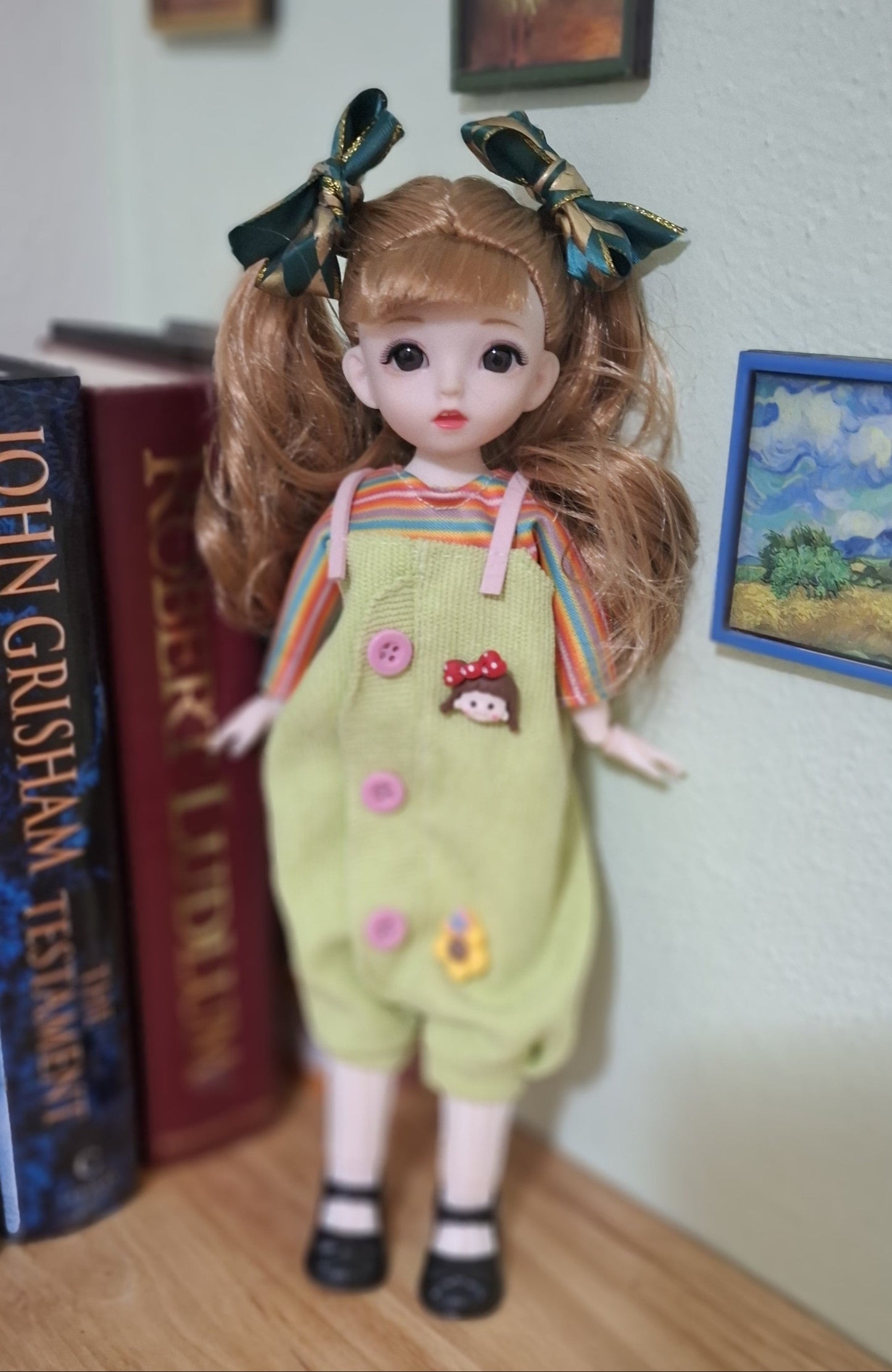 Double ponytails golden blonde girl in green overall 30cm BJD Doll