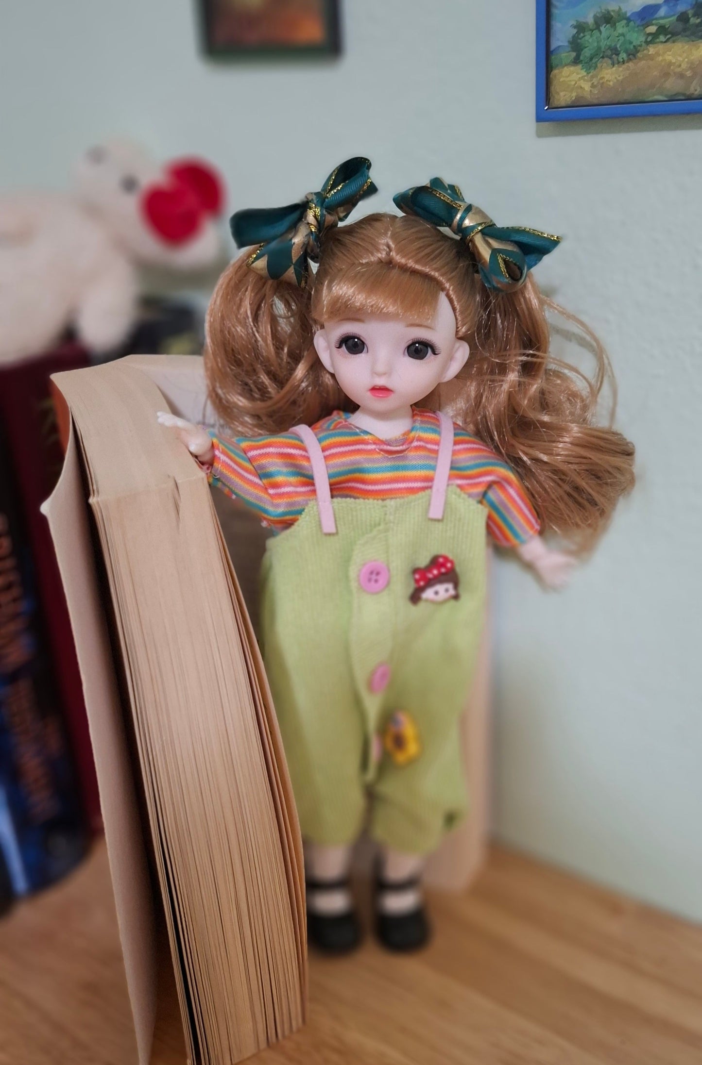 Double ponytails golden blonde girl in green overall 30cm BJD Doll