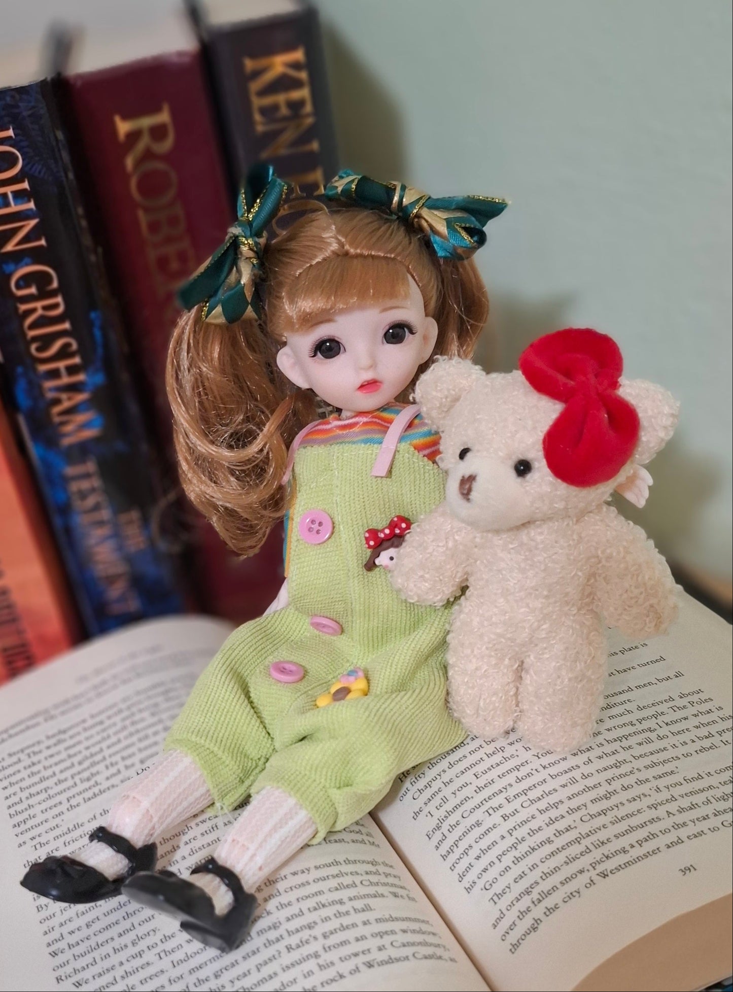 Double ponytails golden blonde girl in green overall 30cm BJD Doll
