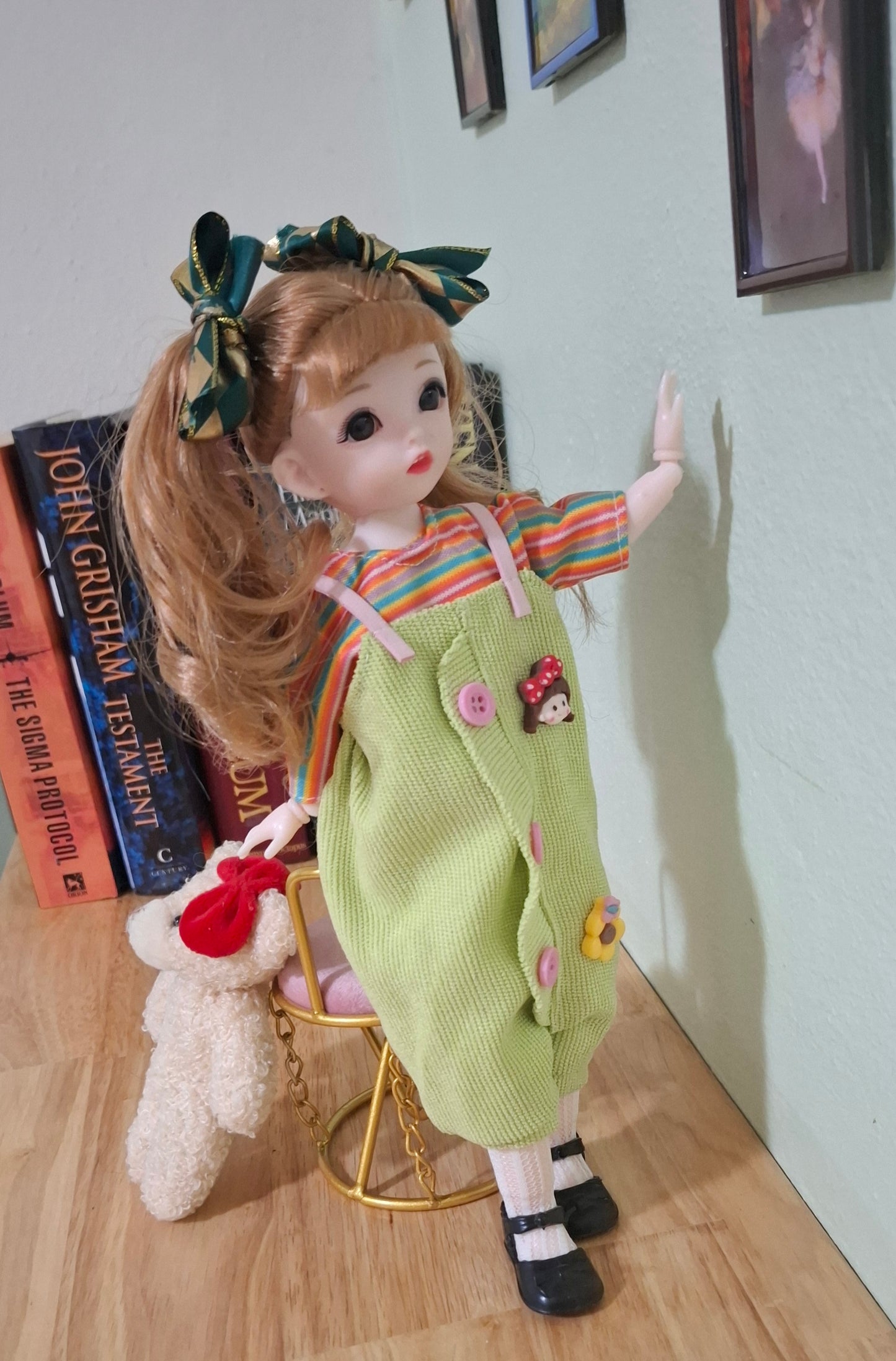 Double ponytails golden blonde girl in green overall 30cm BJD Doll