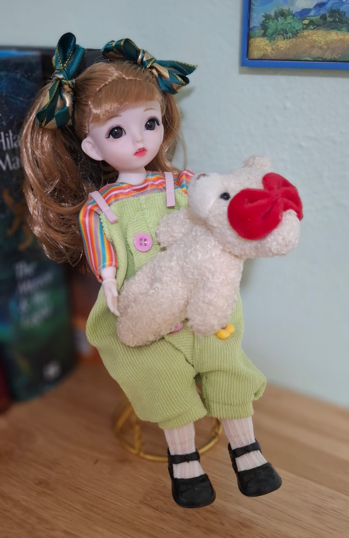 Double ponytails golden blonde girl in green overall 30cm BJD Doll