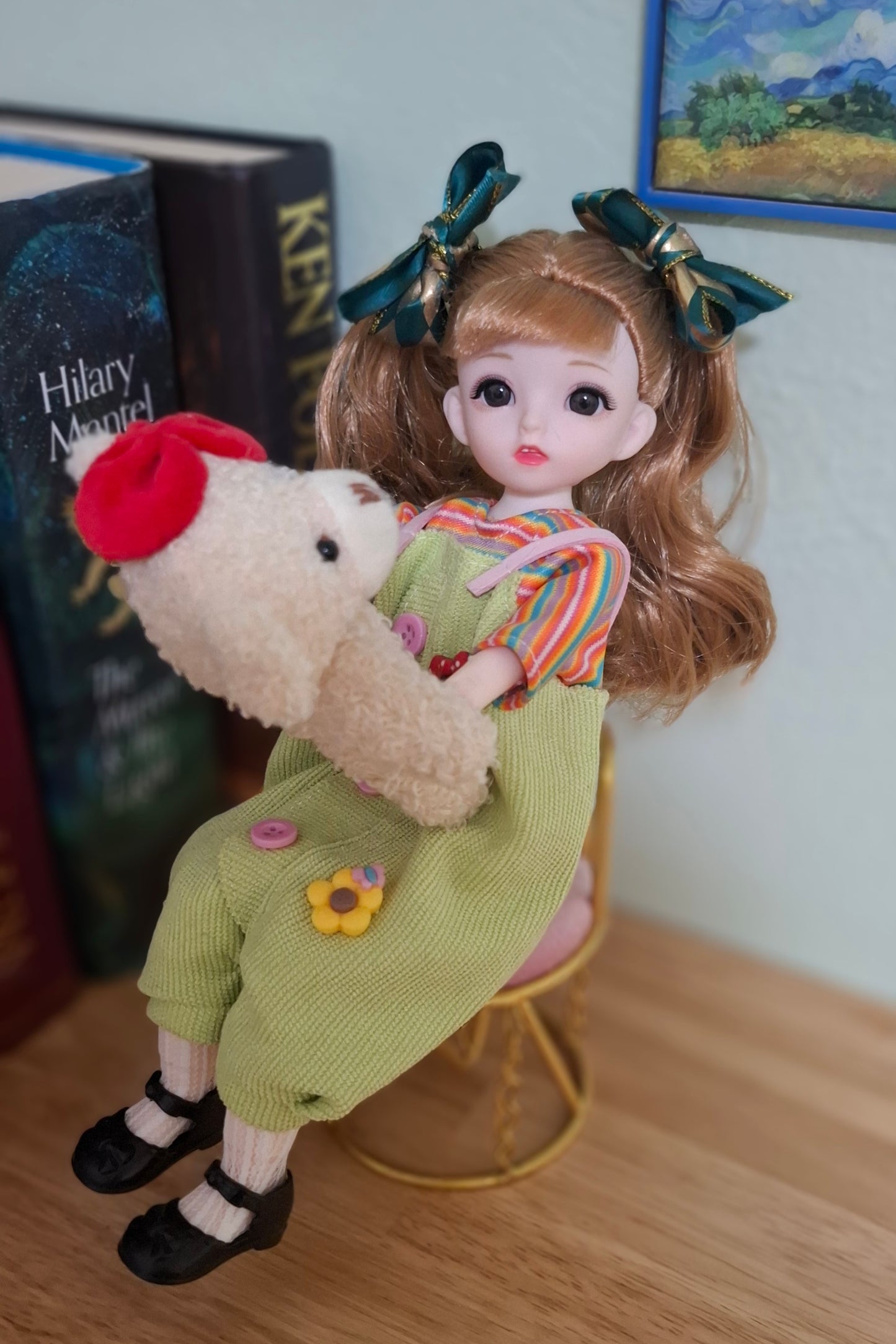 Double ponytails golden blonde girl in green overall 30cm BJD Doll