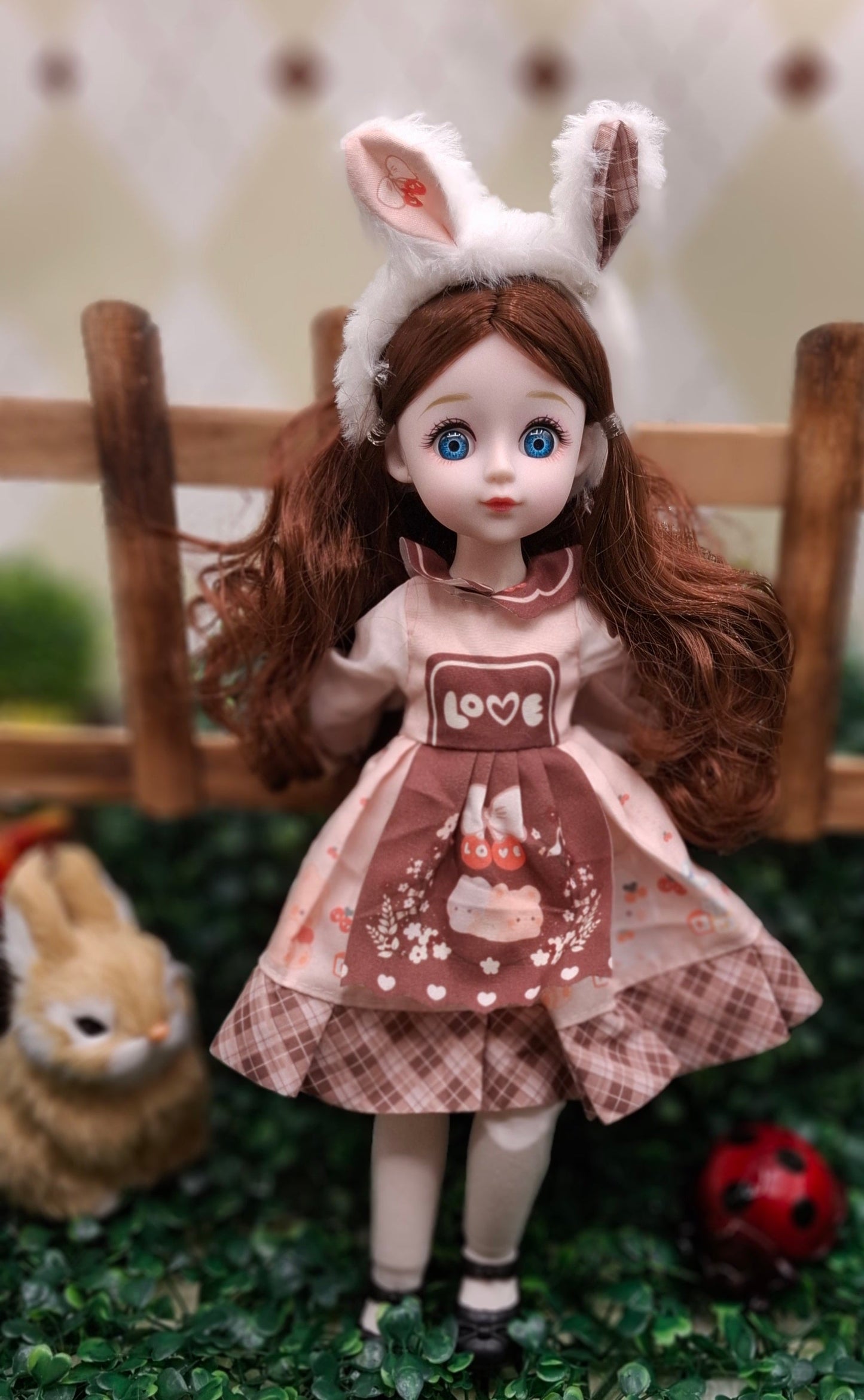 Brunette cottage girl with bunny's ears 30cm BJD Doll