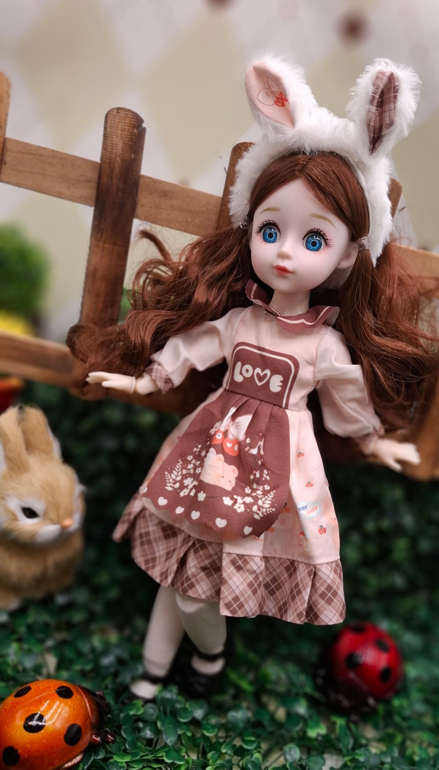 Brunette cottage girl with bunny's ears 30cm BJD Doll