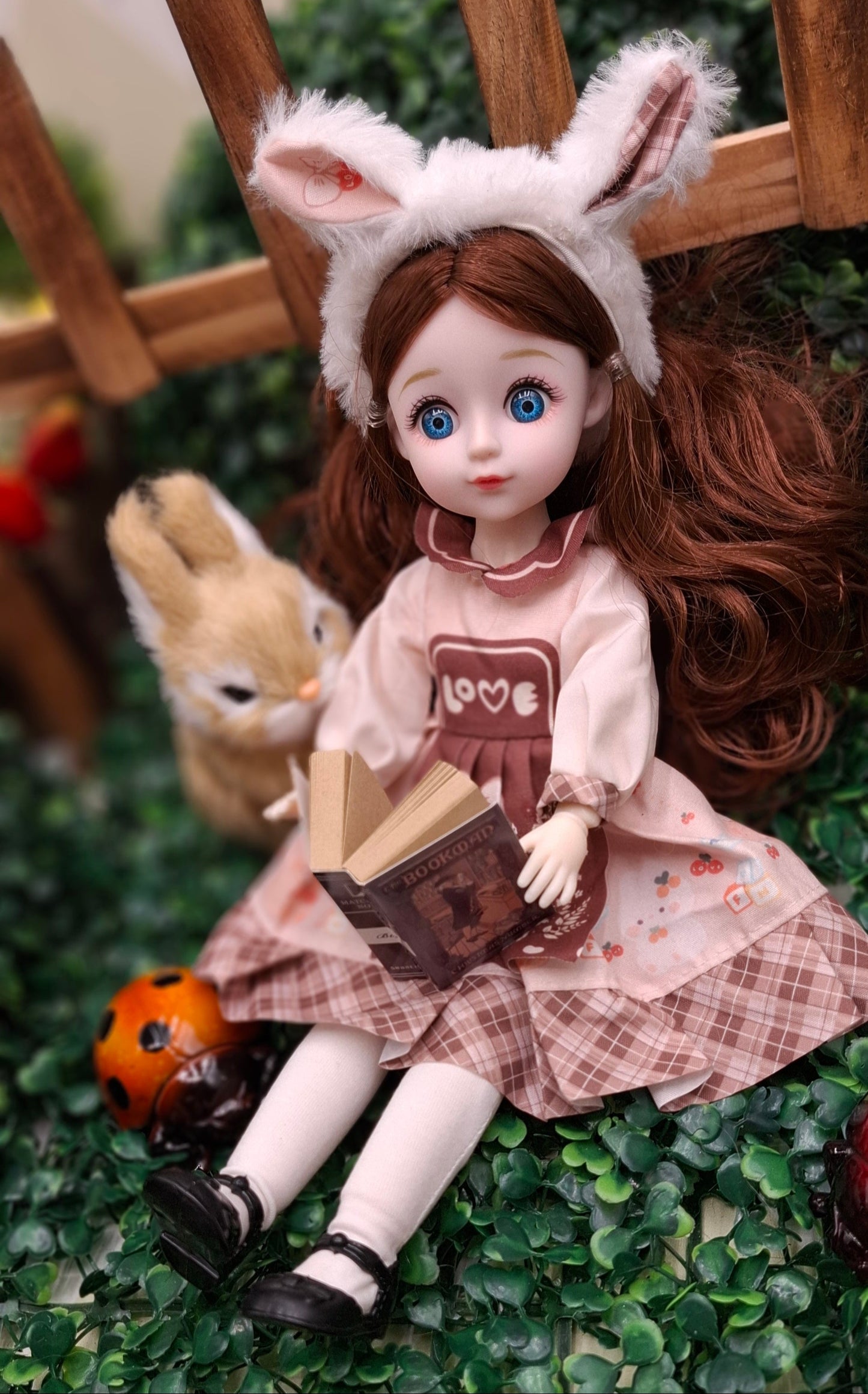 Brunette cottage girl with bunny's ears 30cm BJD Doll