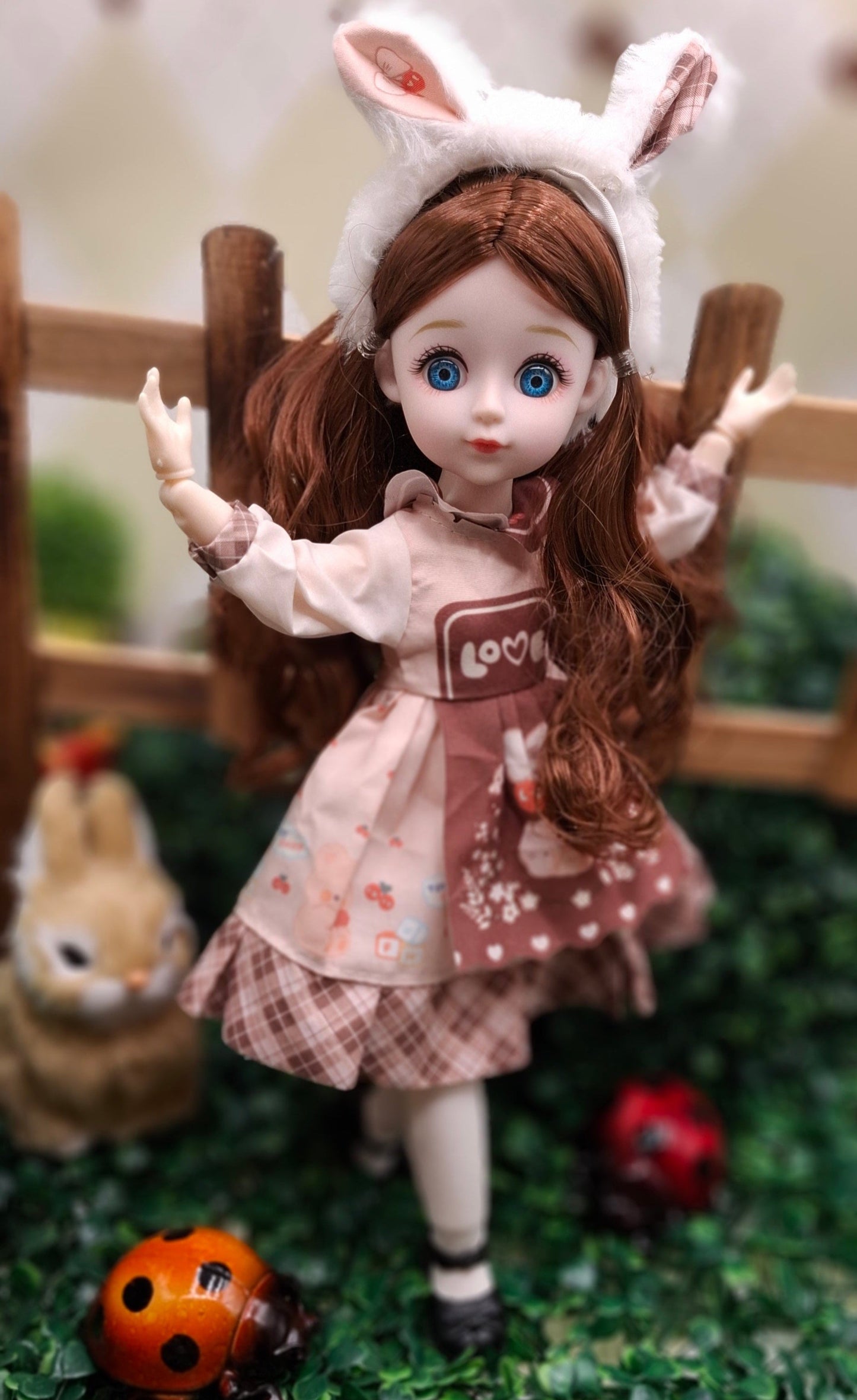Brunette cottage girl with bunny's ears 30cm BJD Doll