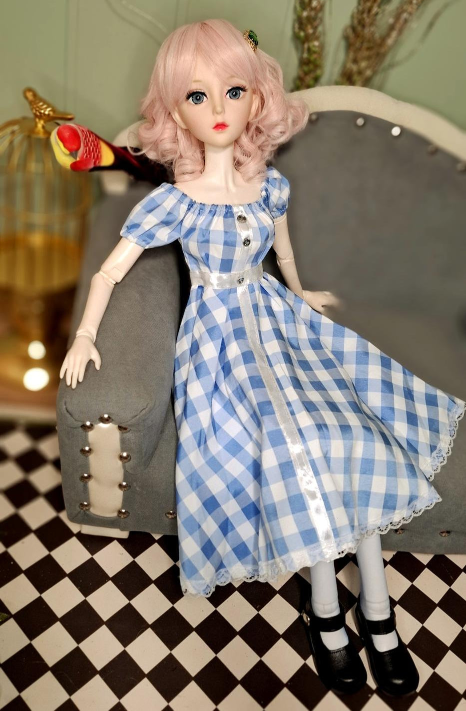 The Pink Hair Girl in Blue Cottage Dress Special Promotions Sale 60cm BJD Doll