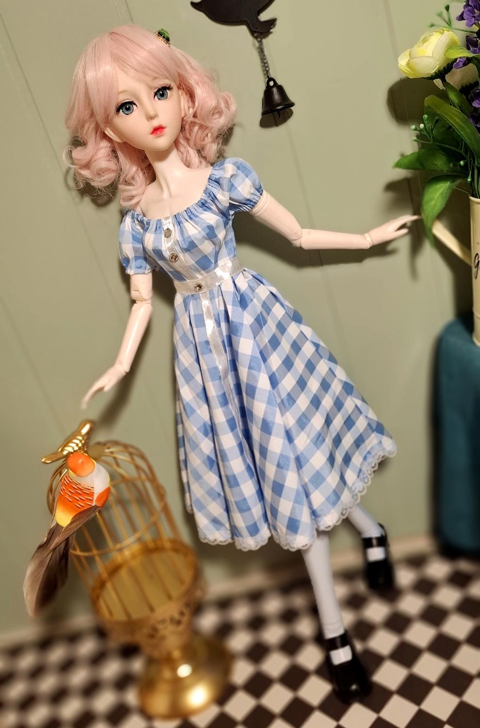 The Pink Hair Girl in Blue Cottage Dress Special Promotions Sale 60cm BJD Doll