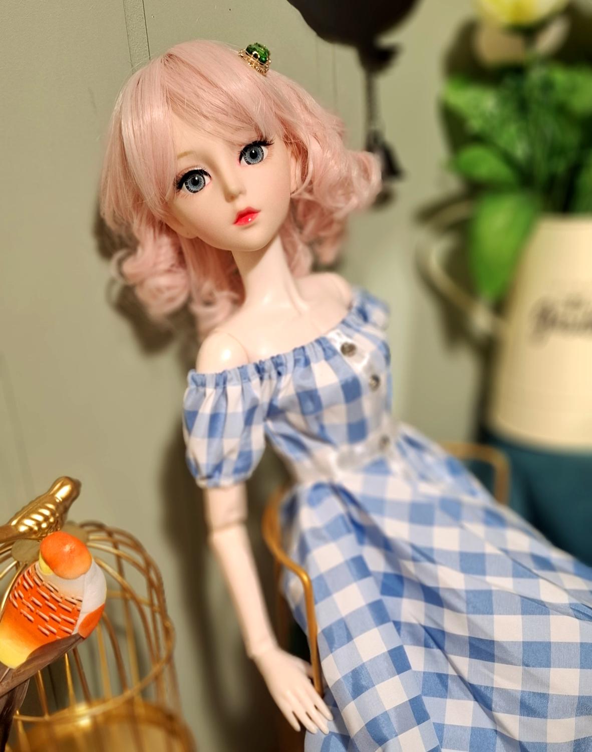 The Pink Hair Girl in Blue Cottage Dress Special Promotions Sale 60cm BJD Doll