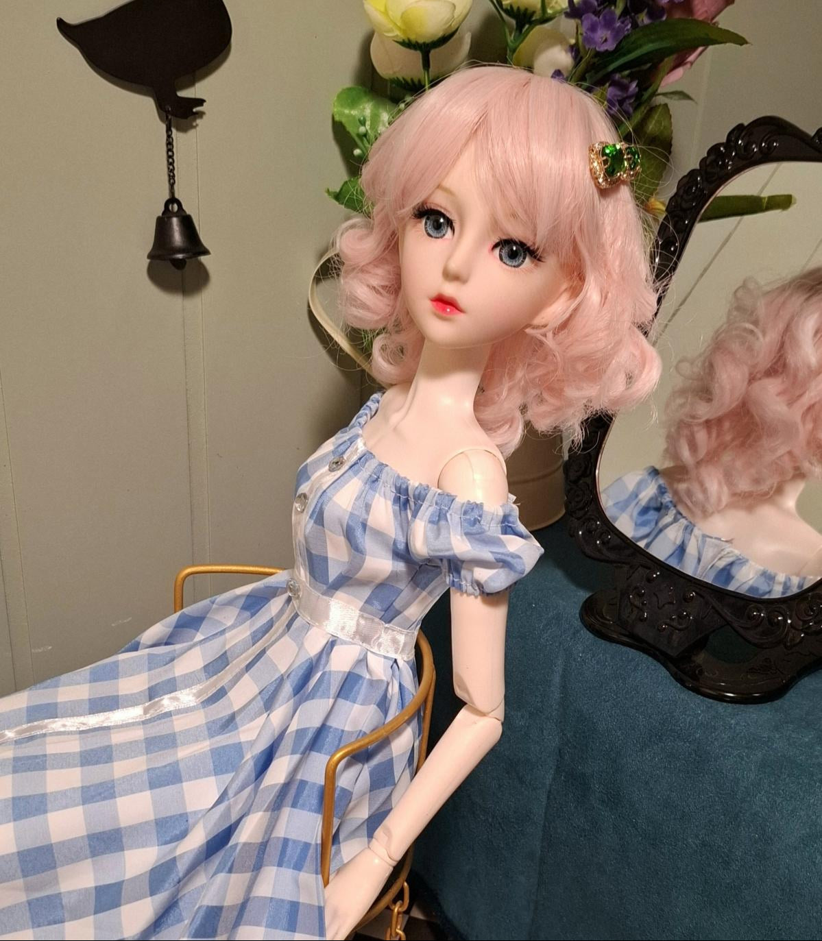 The Pink Hair Girl in Blue Cottage Dress Special Promotions Sale 60cm BJD Doll