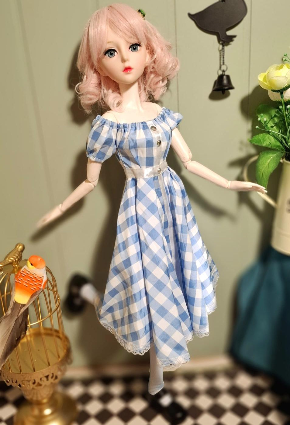 The Pink Hair Girl in Blue Cottage Dress Special Promotions Sale 60cm BJD Doll