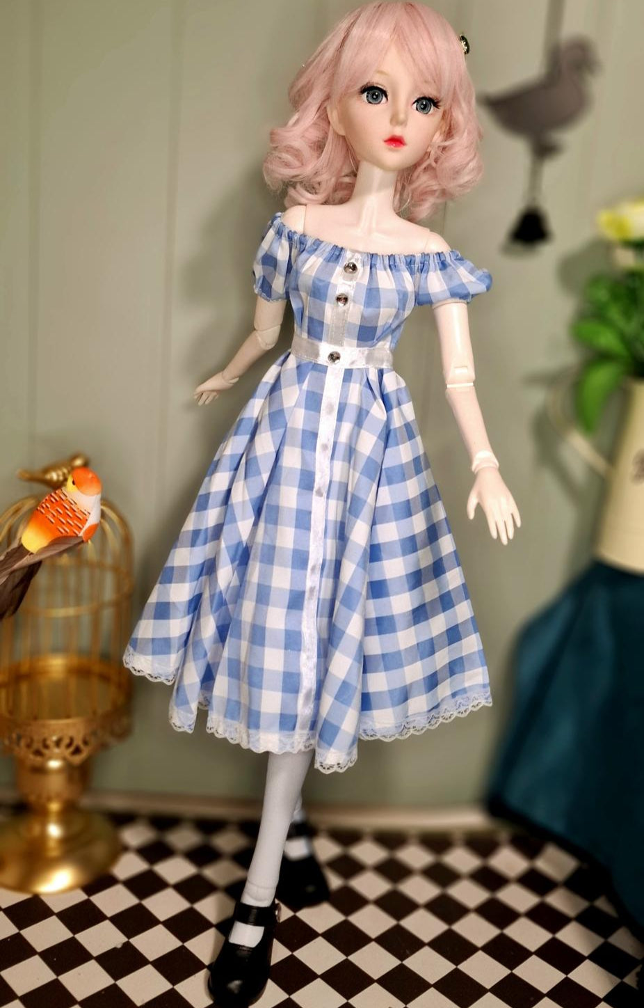 The Pink Hair Girl in Blue Cottage Dress Special Promotions Sale 60cm BJD Doll