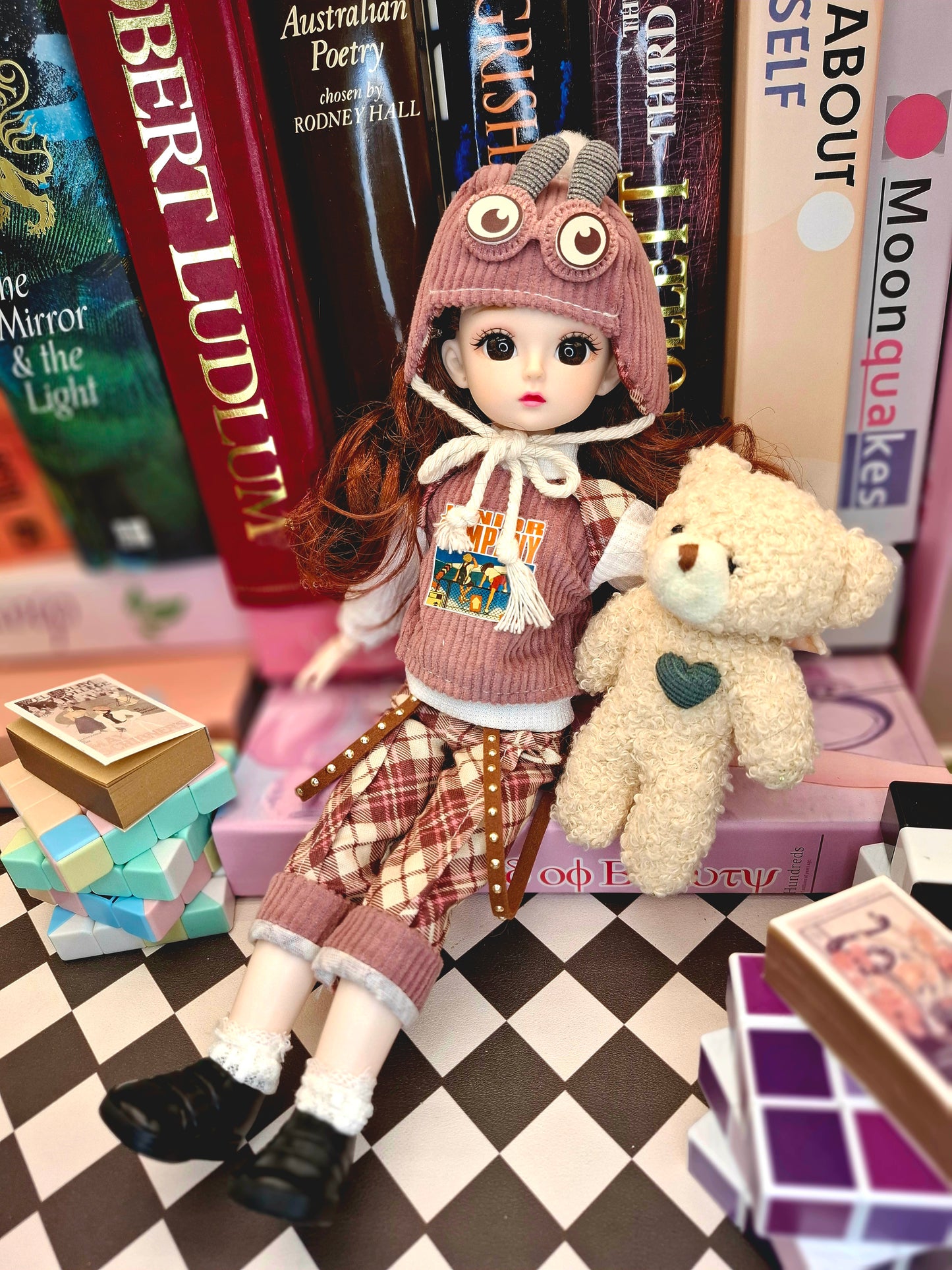 Brunette girl in red burgundy suit 30cm BJD doll