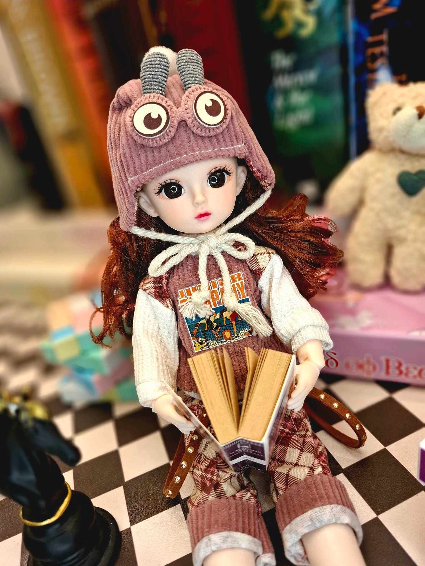 Brunette girl in red burgundy suit 30cm BJD doll