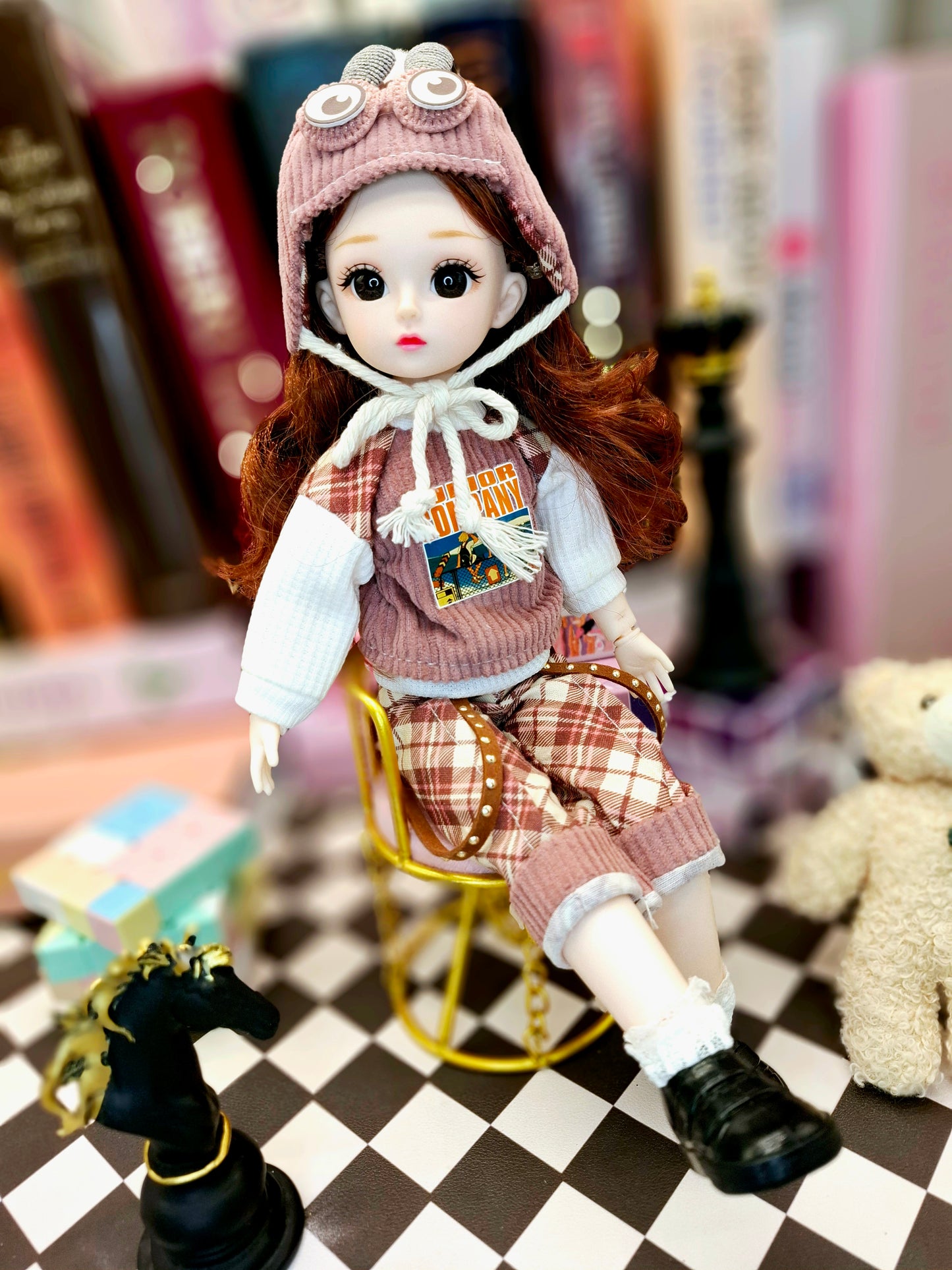 Brunette girl in red burgundy suit 30cm BJD doll