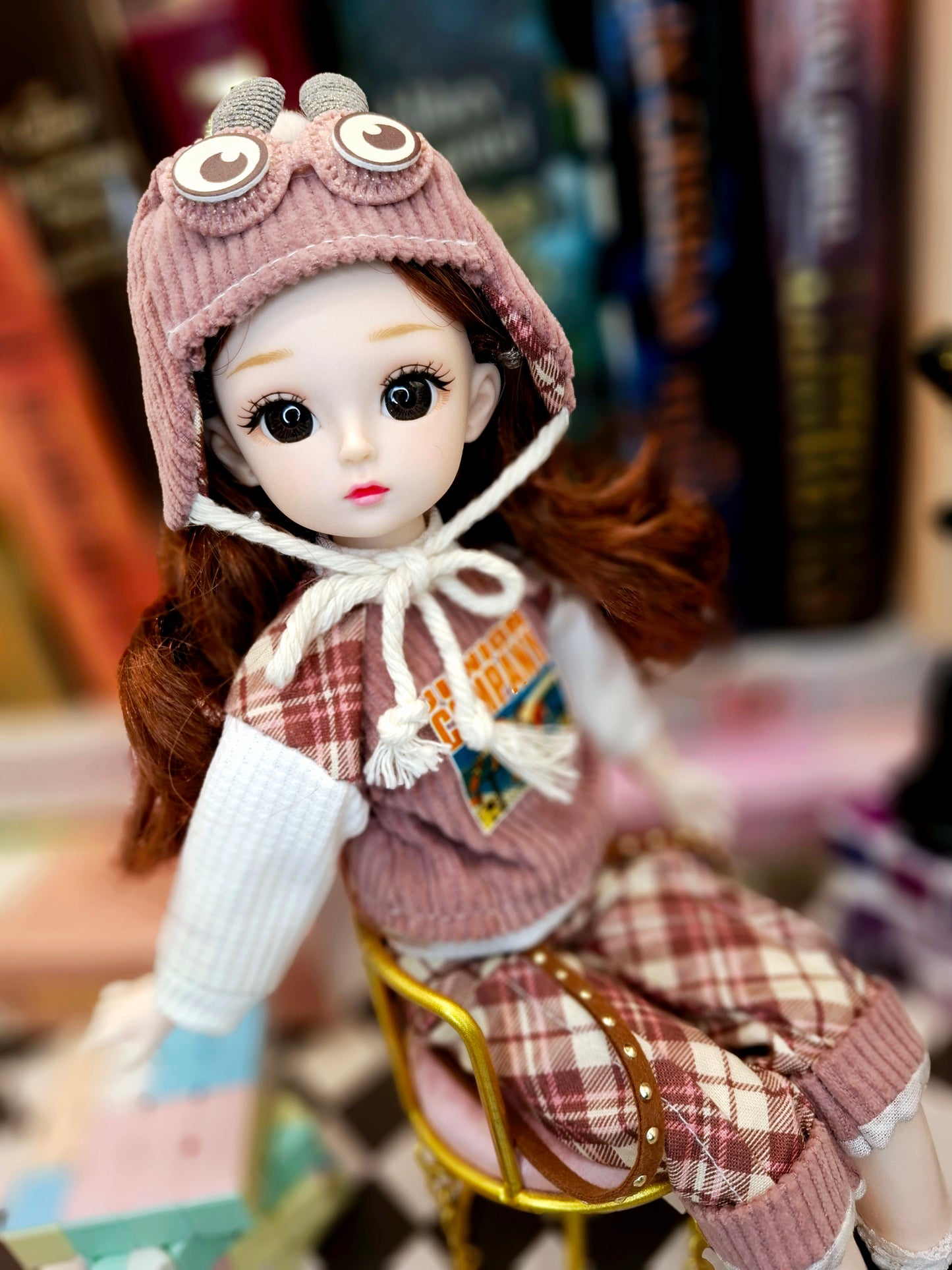 Brunette girl in red burgundy suit 30cm BJD doll