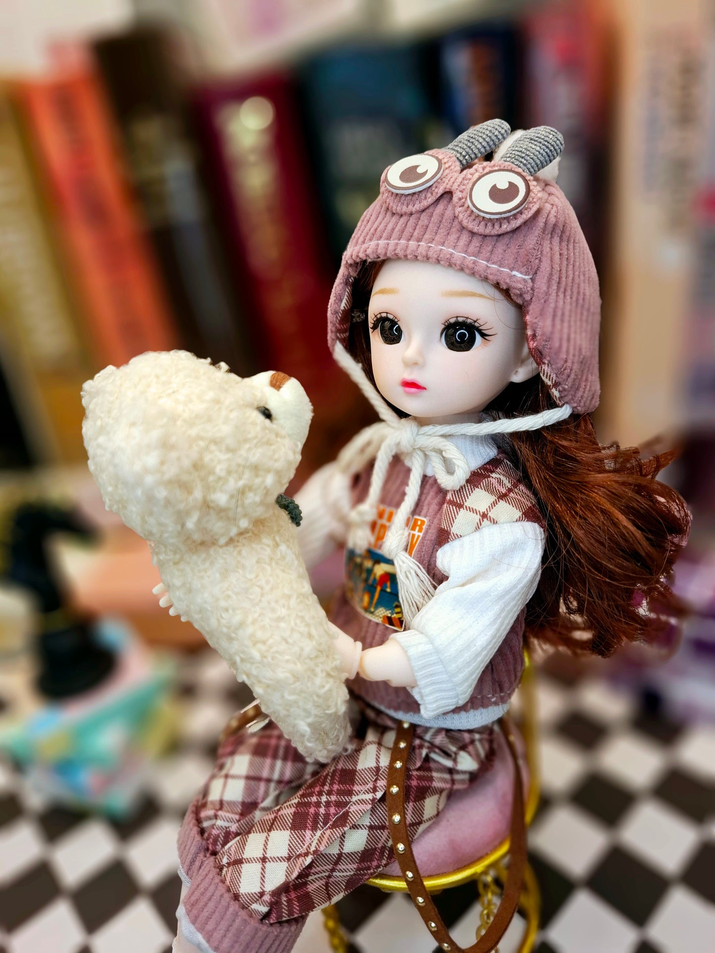 Brunette girl in red burgundy suit 30cm BJD doll