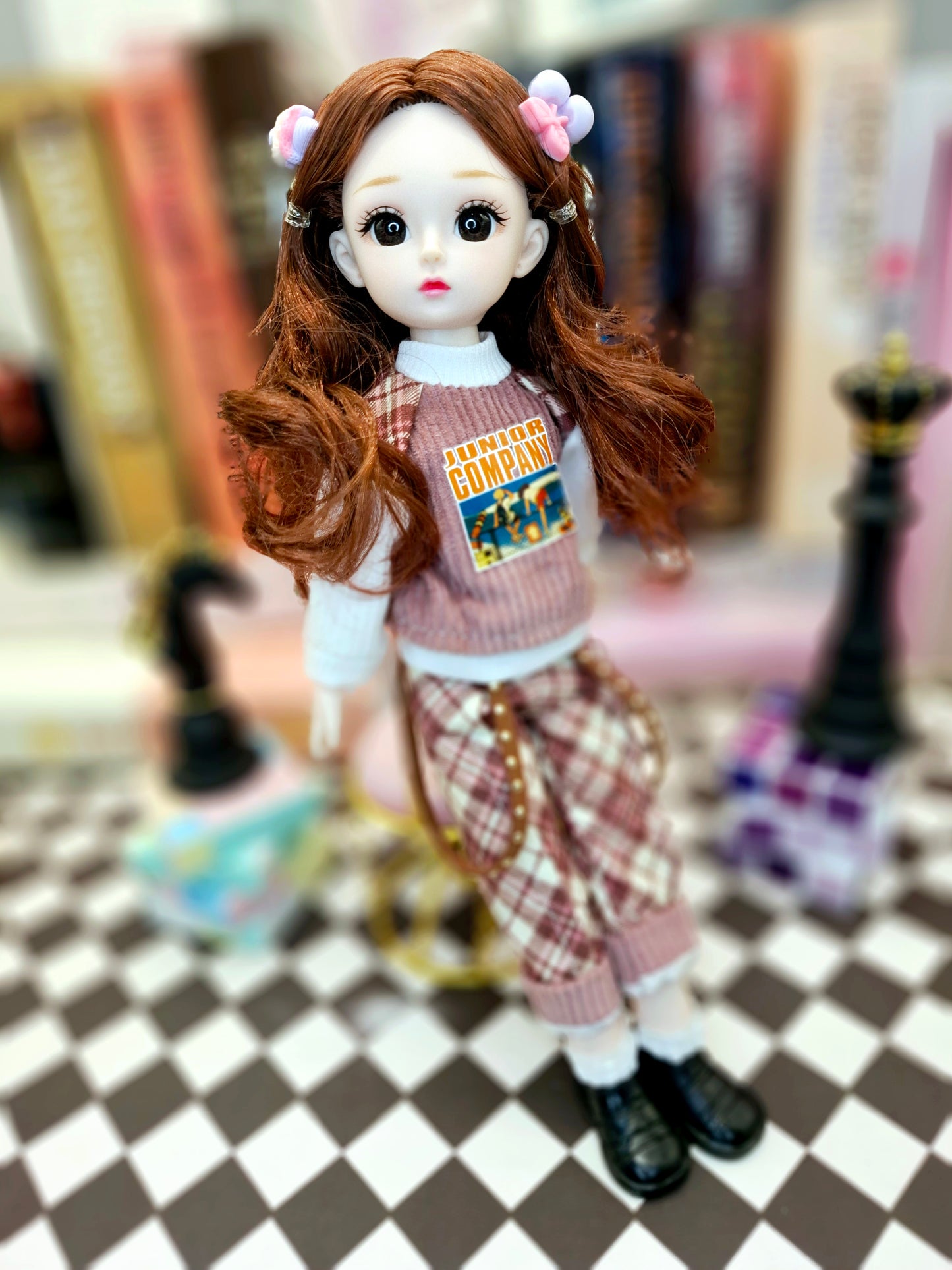 Brunette girl in red burgundy suit 30cm BJD doll