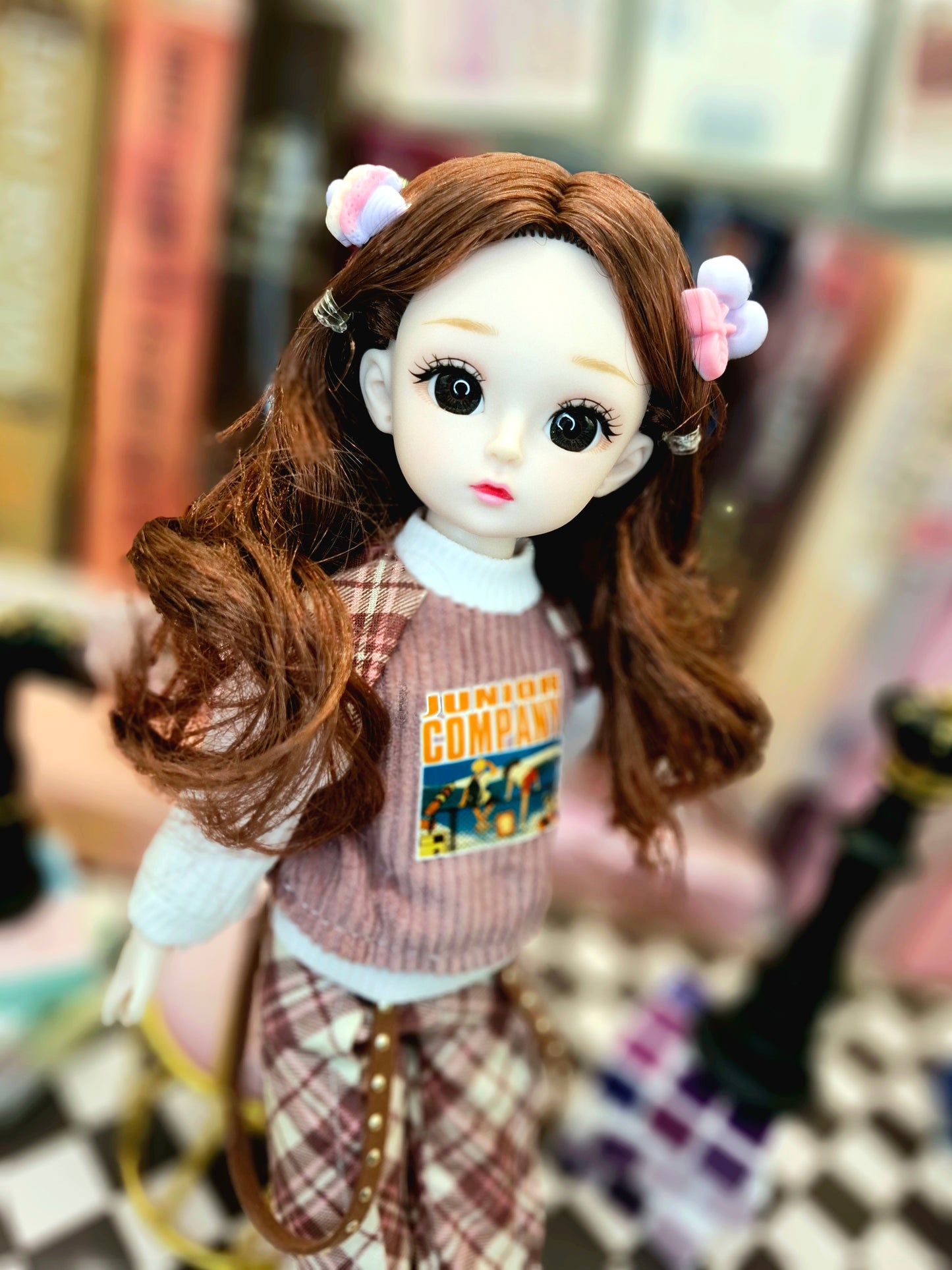 Brunette girl in red burgundy suit 30cm BJD doll