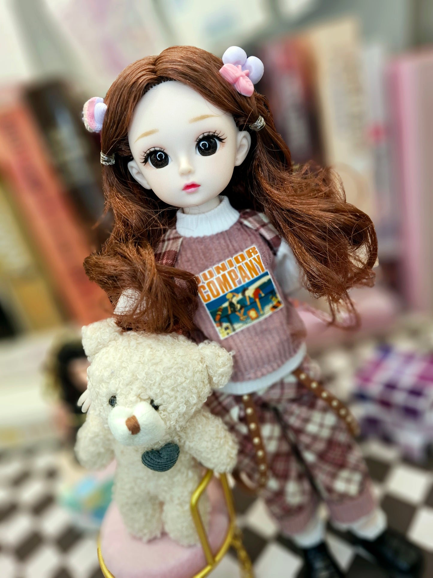 Brunette girl in red burgundy suit 30cm BJD doll