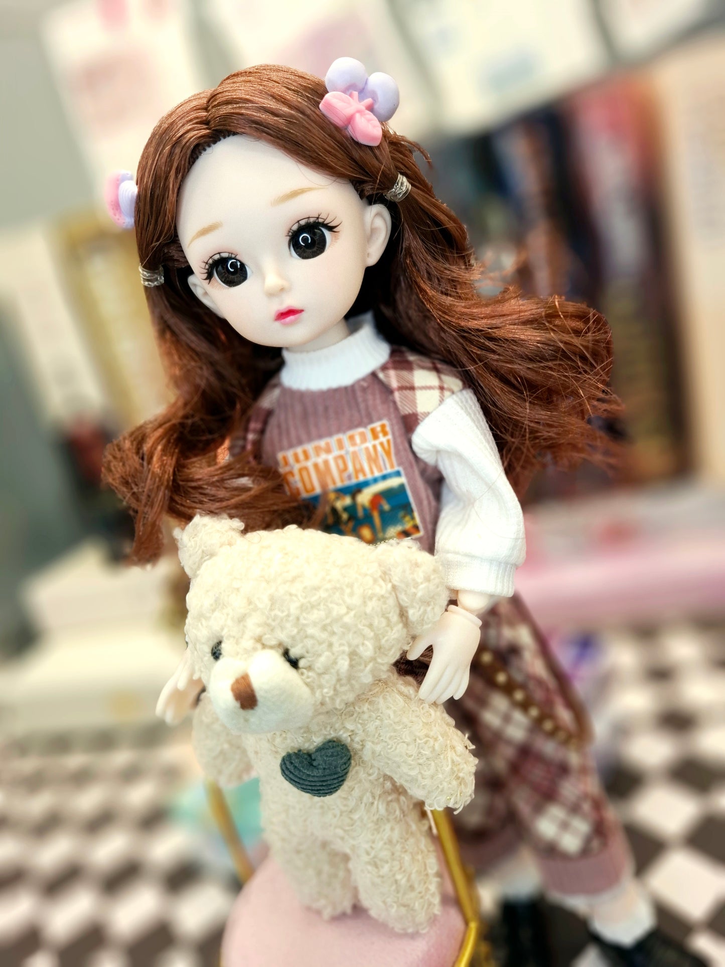 Brunette girl in red burgundy suit 30cm BJD doll