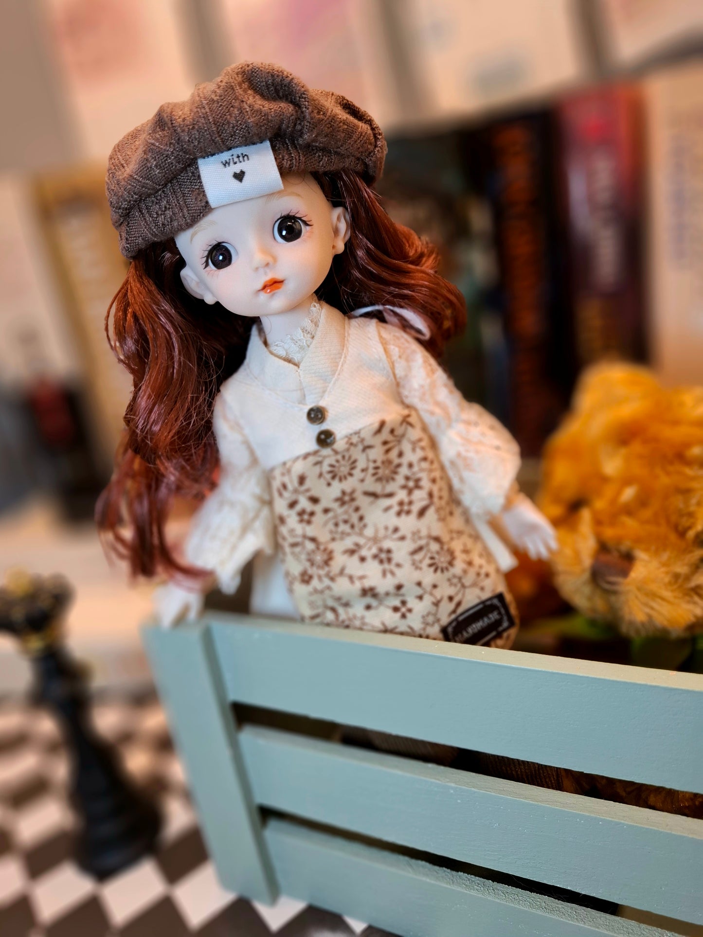 Lovely brunette girl in vintage style cotton suit 30cm BJD doll