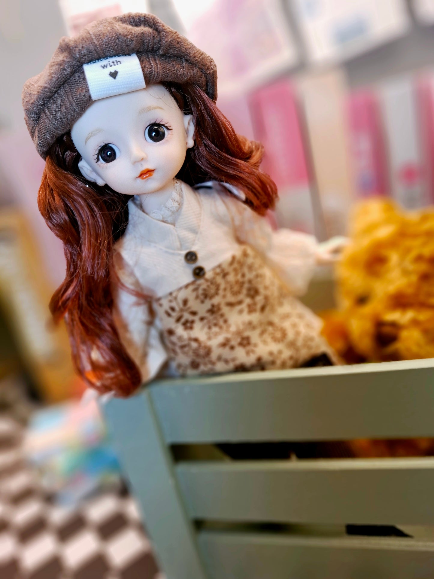 Lovely brunette girl in vintage style cotton suit 30cm BJD doll