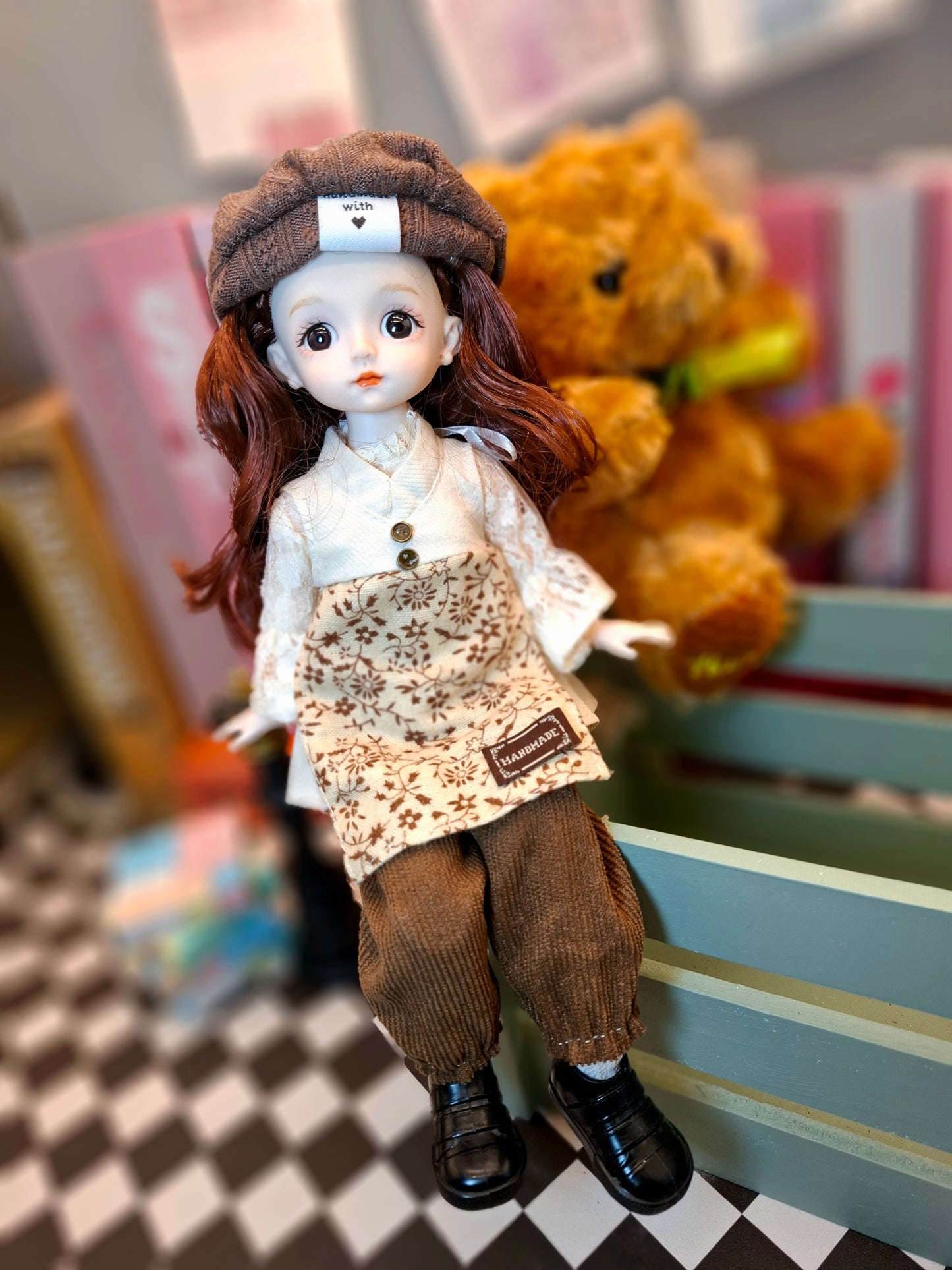 Lovely brunette girl in vintage style cotton suit 30cm BJD doll