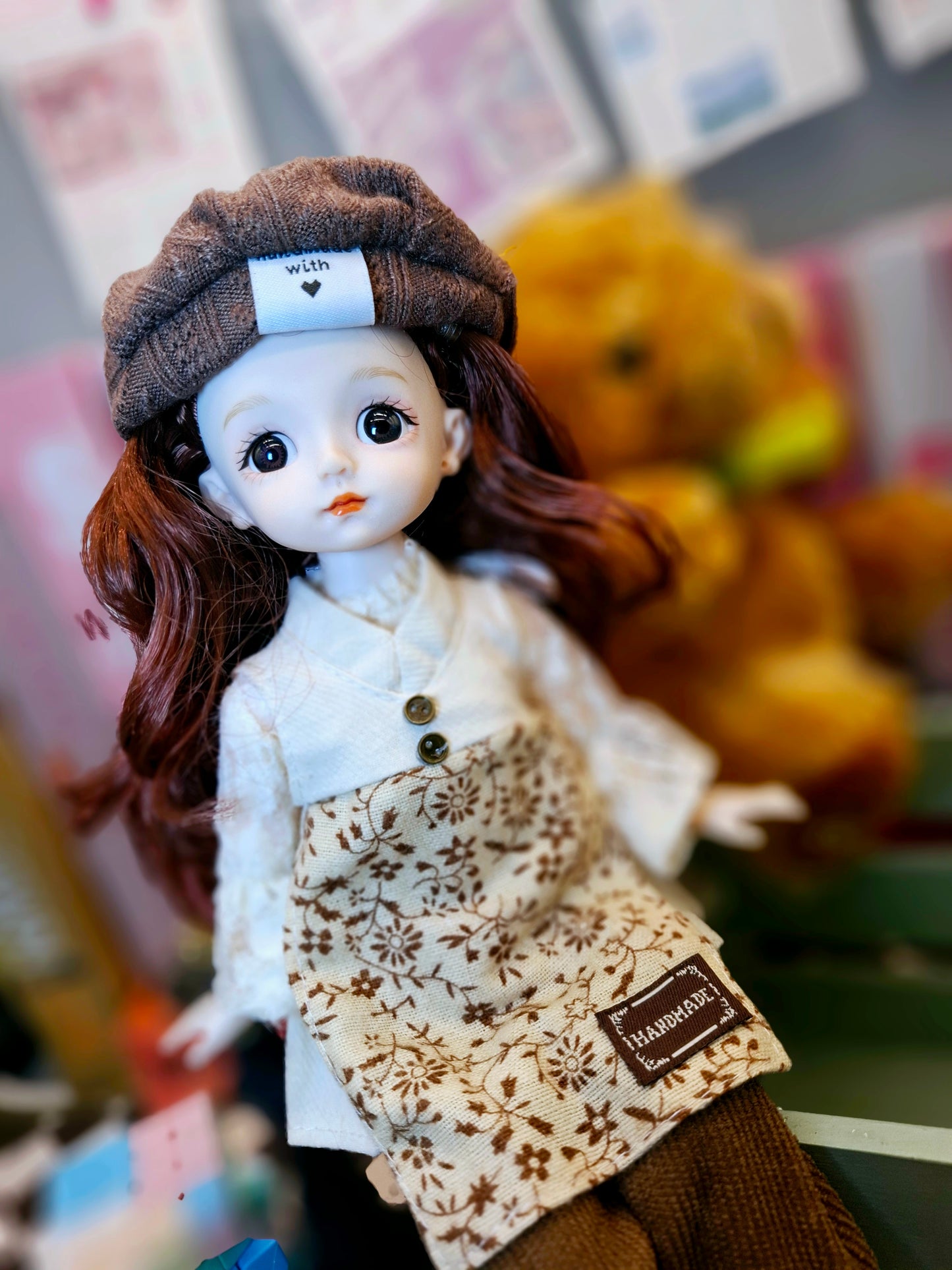 Lovely brunette girl in vintage style cotton suit 30cm BJD doll