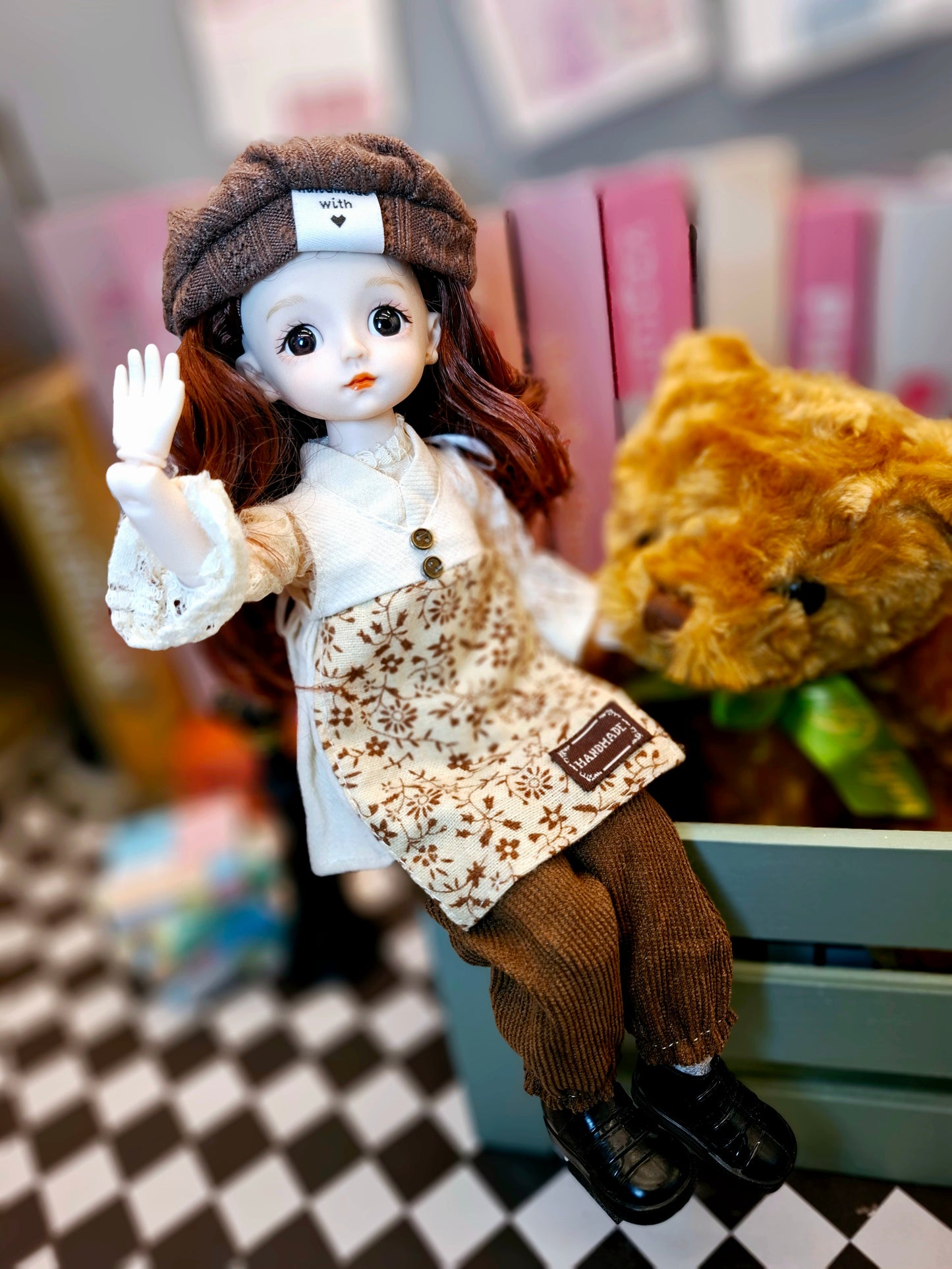 Lovely brunette girl in vintage style cotton suit 30cm BJD doll