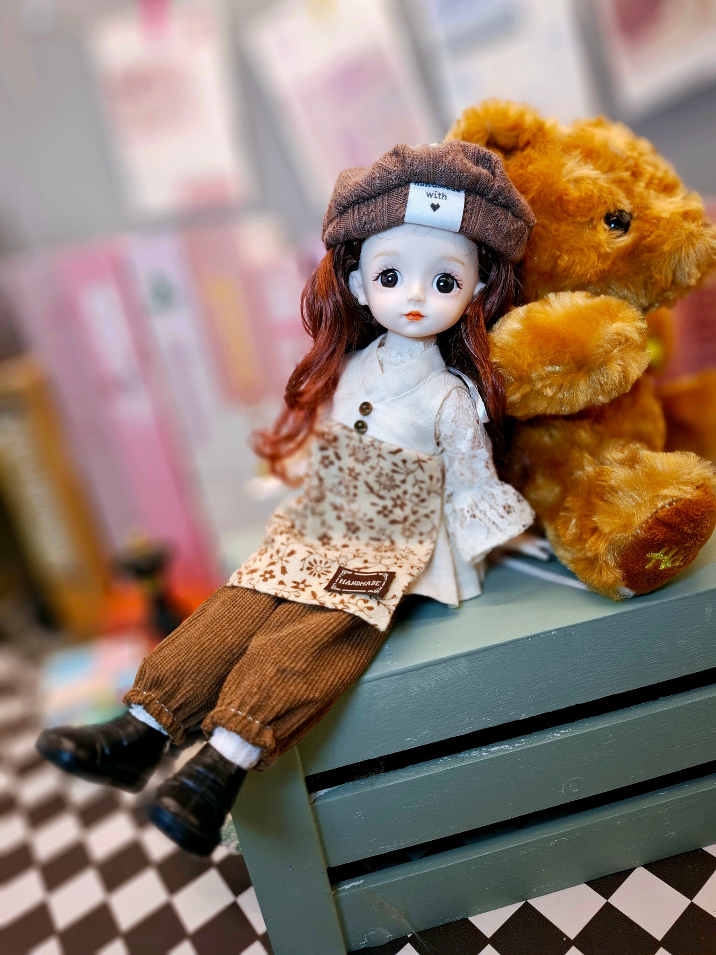 Lovely brunette girl in vintage style cotton suit 30cm BJD doll