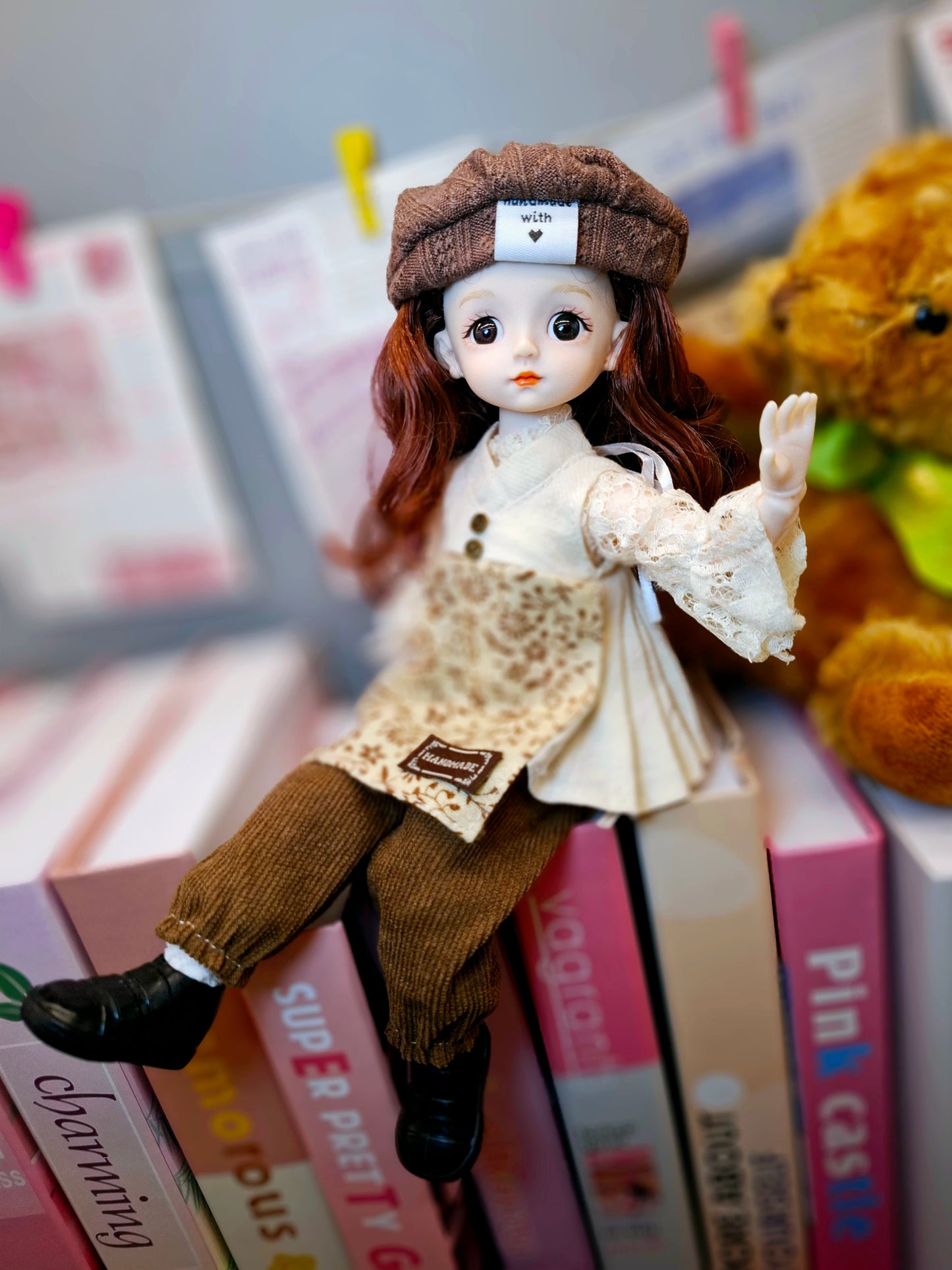 Lovely brunette girl in vintage style cotton suit 30cm BJD doll