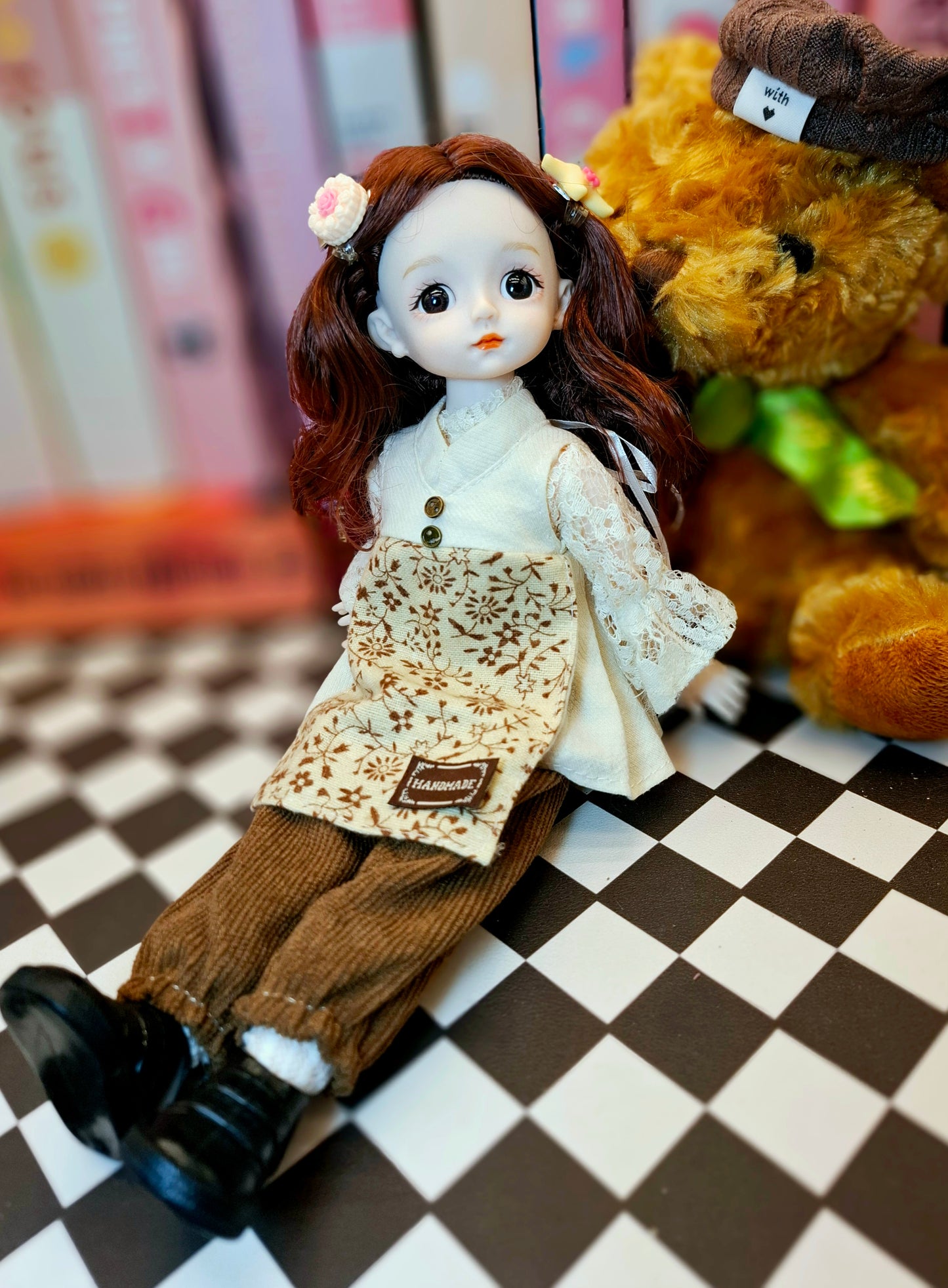 Lovely brunette girl in vintage style cotton suit 30cm BJD doll