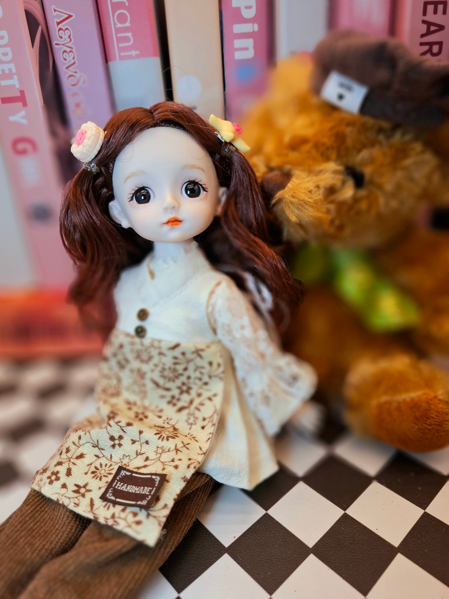 Lovely brunette girl in vintage style cotton suit 30cm BJD doll