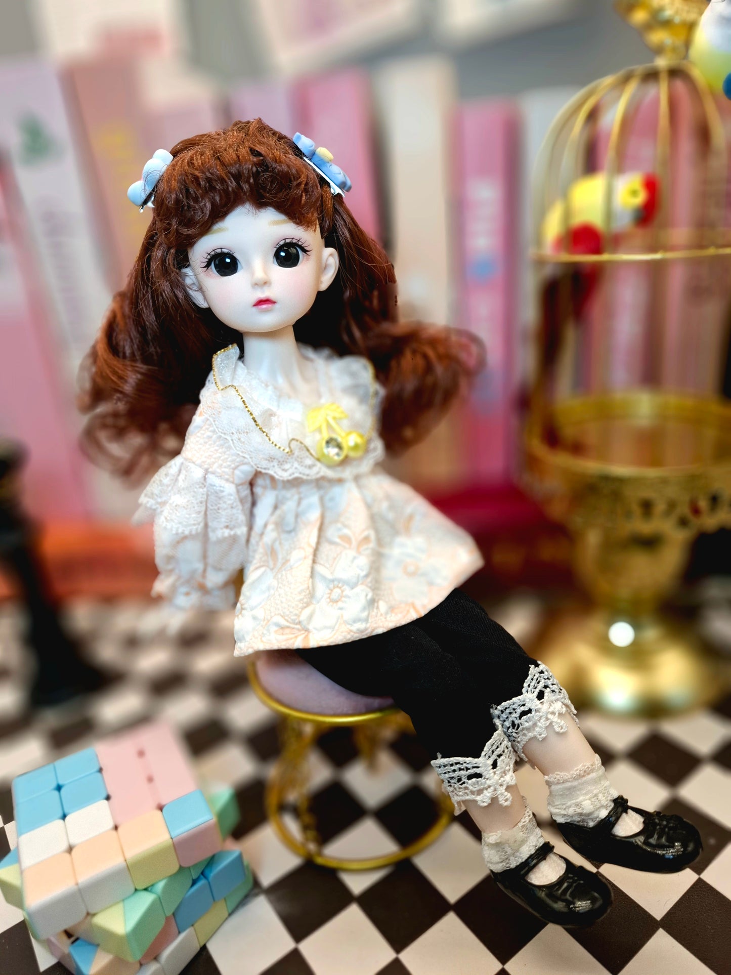Cute brunette with curly wavy hair in lace top 30cm BJD doll