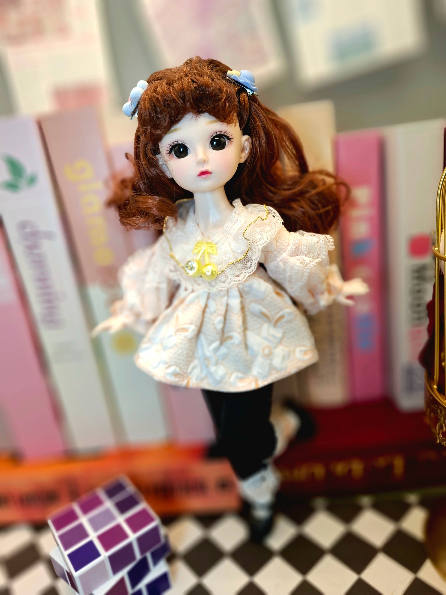 Cute brunette with curly wavy hair in lace top 30cm BJD doll