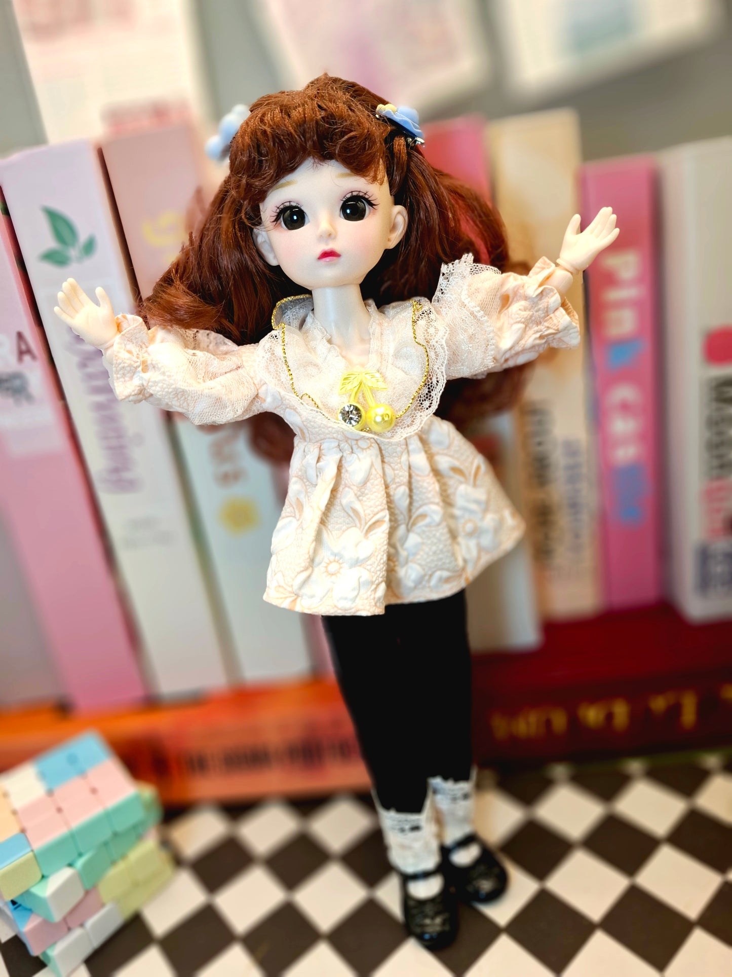 Cute brunette with curly wavy hair in lace top 30cm BJD doll