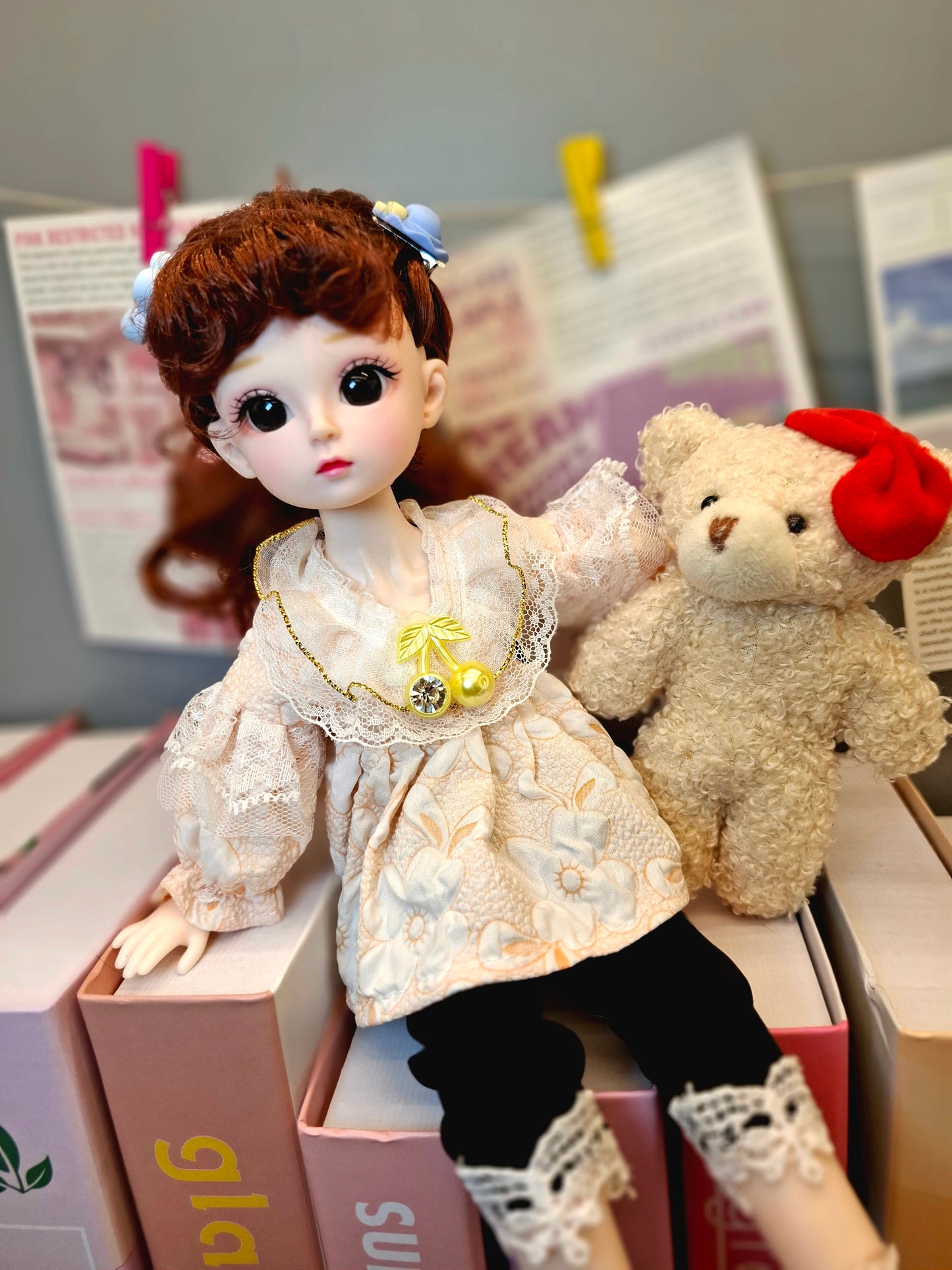 Cute brunette with curly wavy hair in lace top 30cm BJD doll